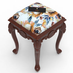 Graceful Hand Carved Teak Wood Stool in Premium Fabric - WoodenTwist