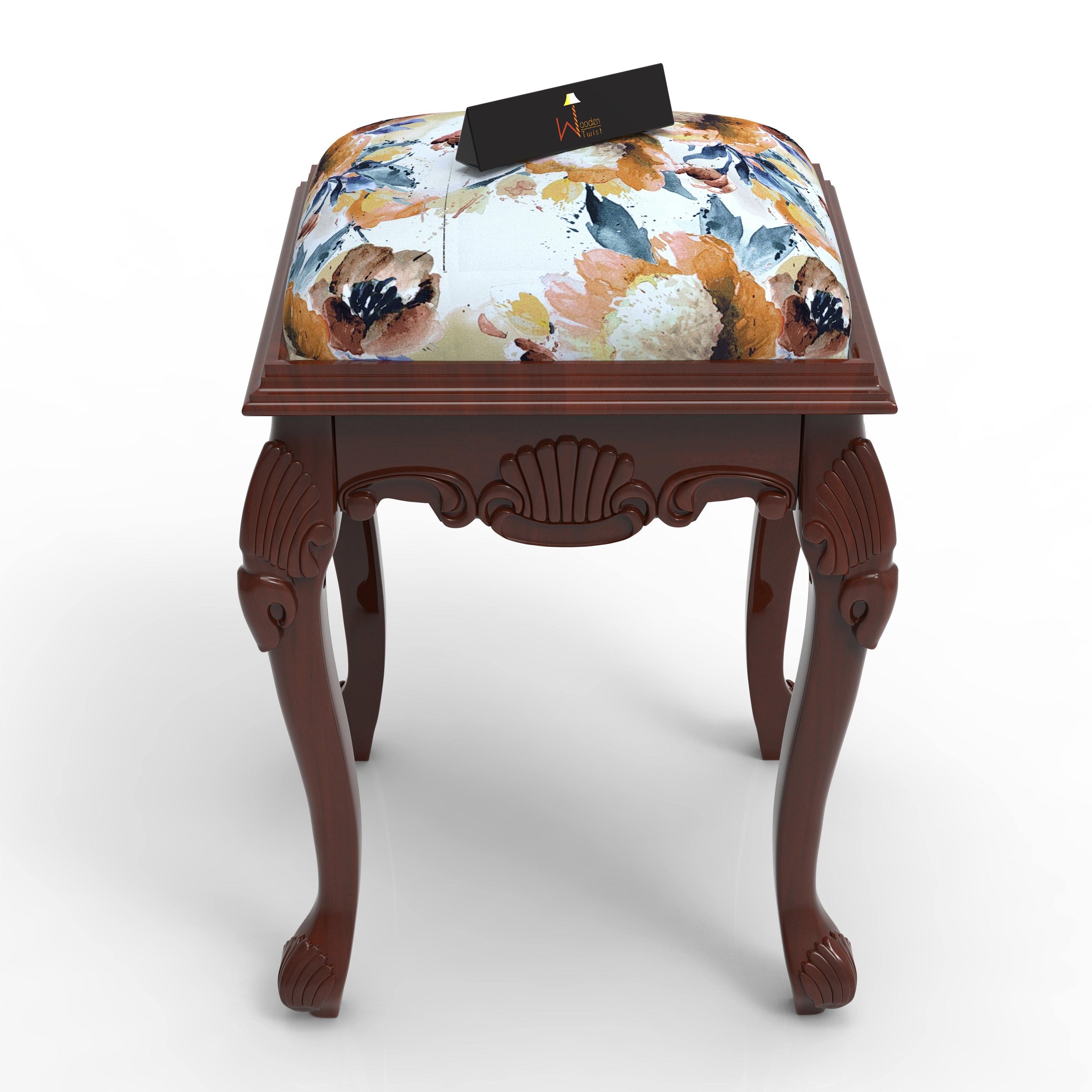 Graceful Hand Carved Teak Wood Stool in Premium Fabric - WoodenTwist