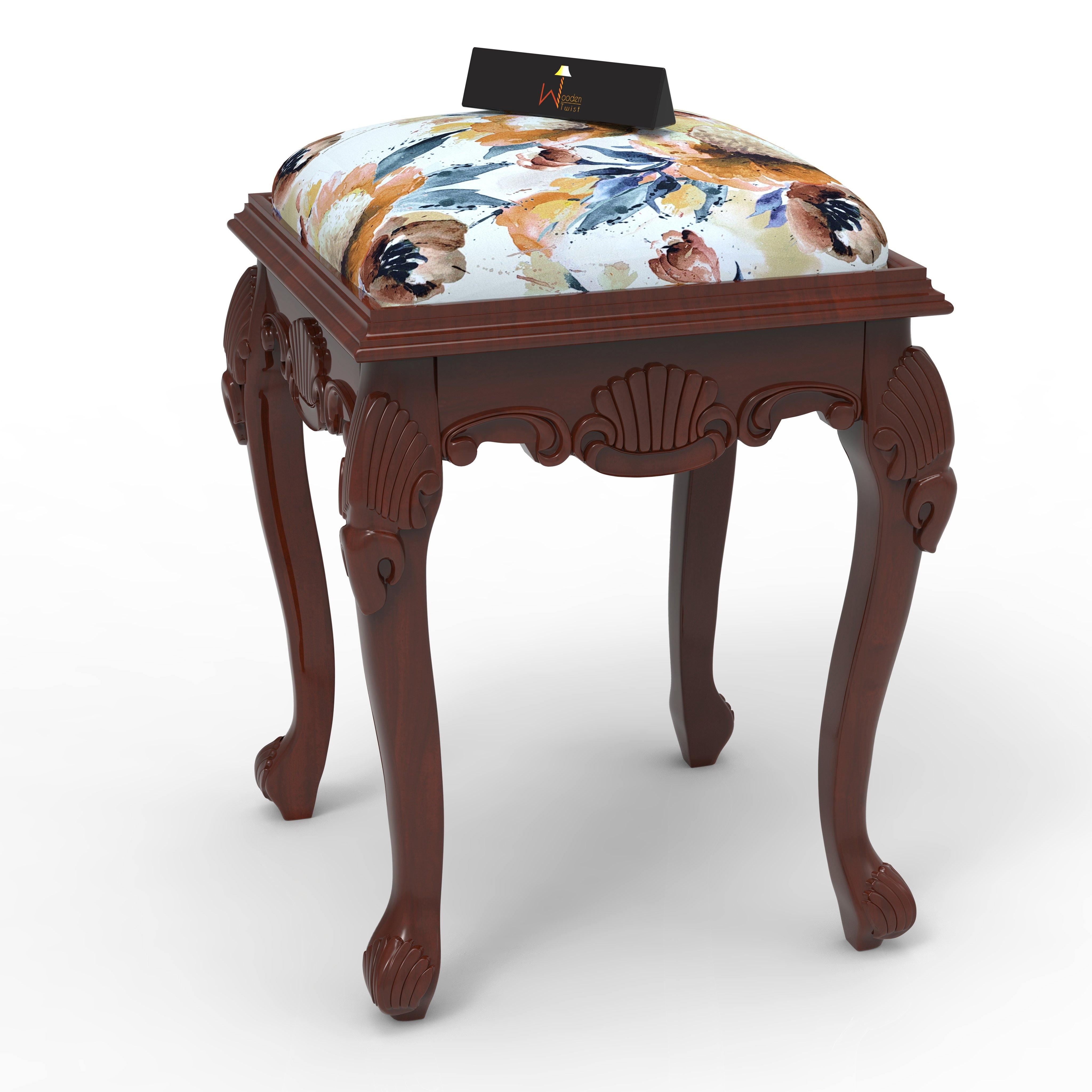 Graceful Hand Carved Teak Wood Stool in Premium Fabric - WoodenTwist