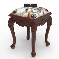 Graceful Hand Carved Teak Wood Stool in Premium Fabric - WoodenTwist
