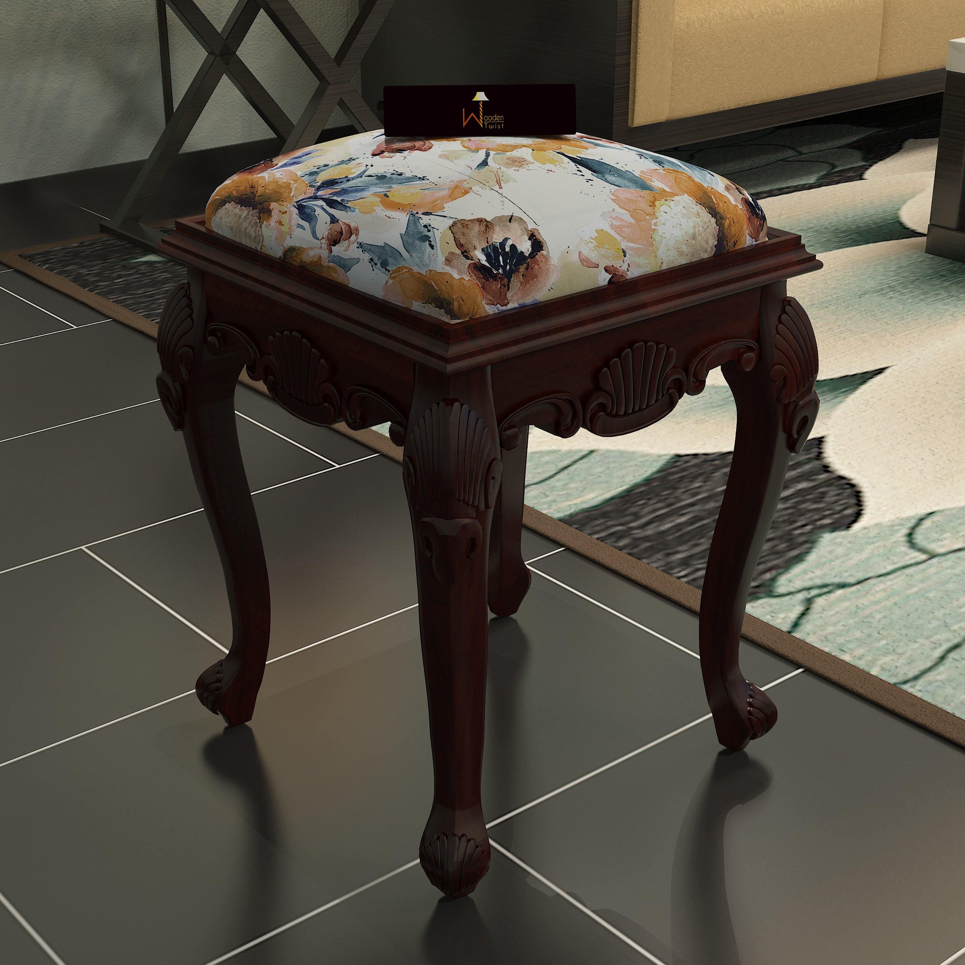 Graceful Hand Carved Teak Wood Stool in Premium Fabric - WoodenTwist