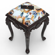 Graceful Hand Carved Teak Wood Stool in Premium Fabric - WoodenTwist