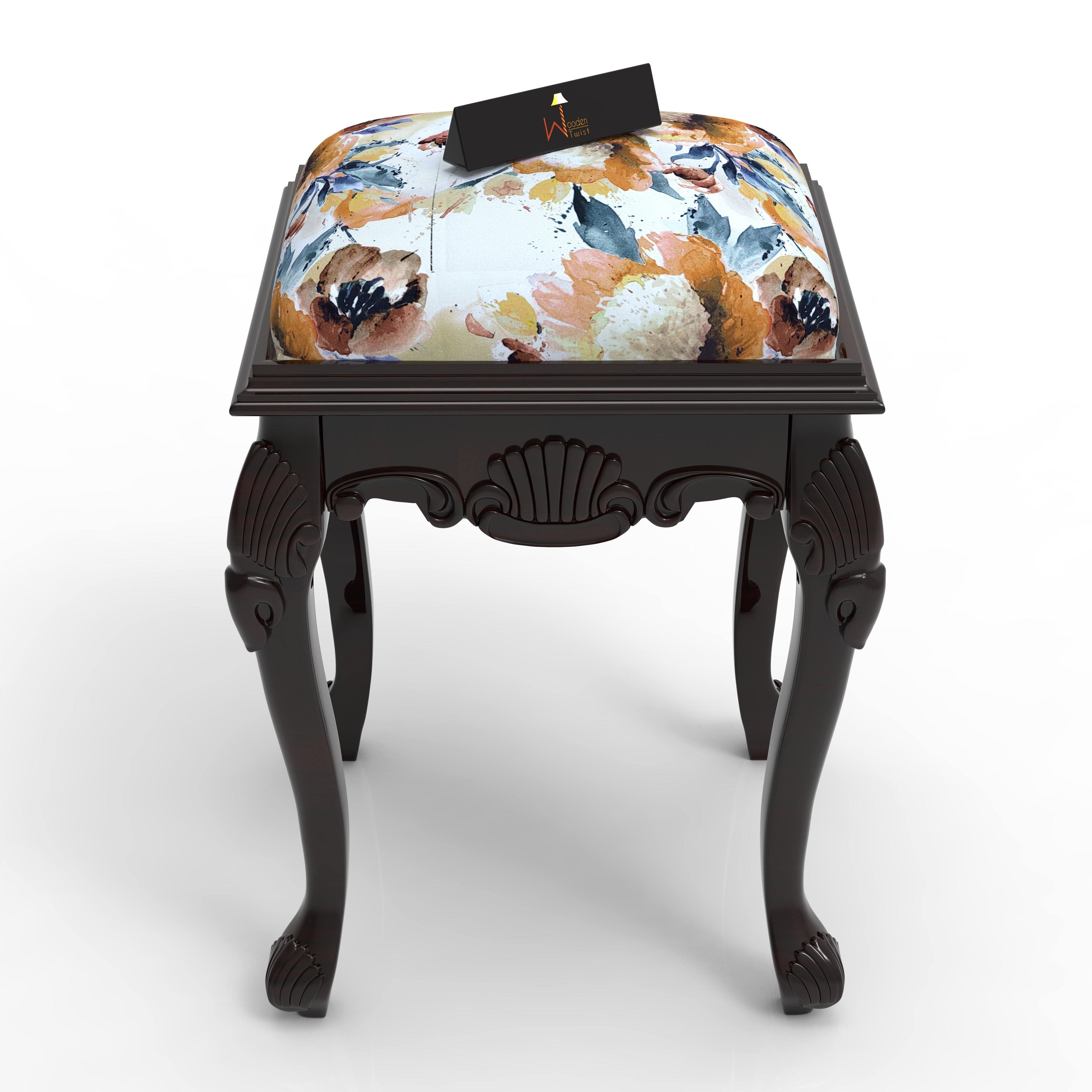 Graceful Hand Carved Teak Wood Stool in Premium Fabric - WoodenTwist