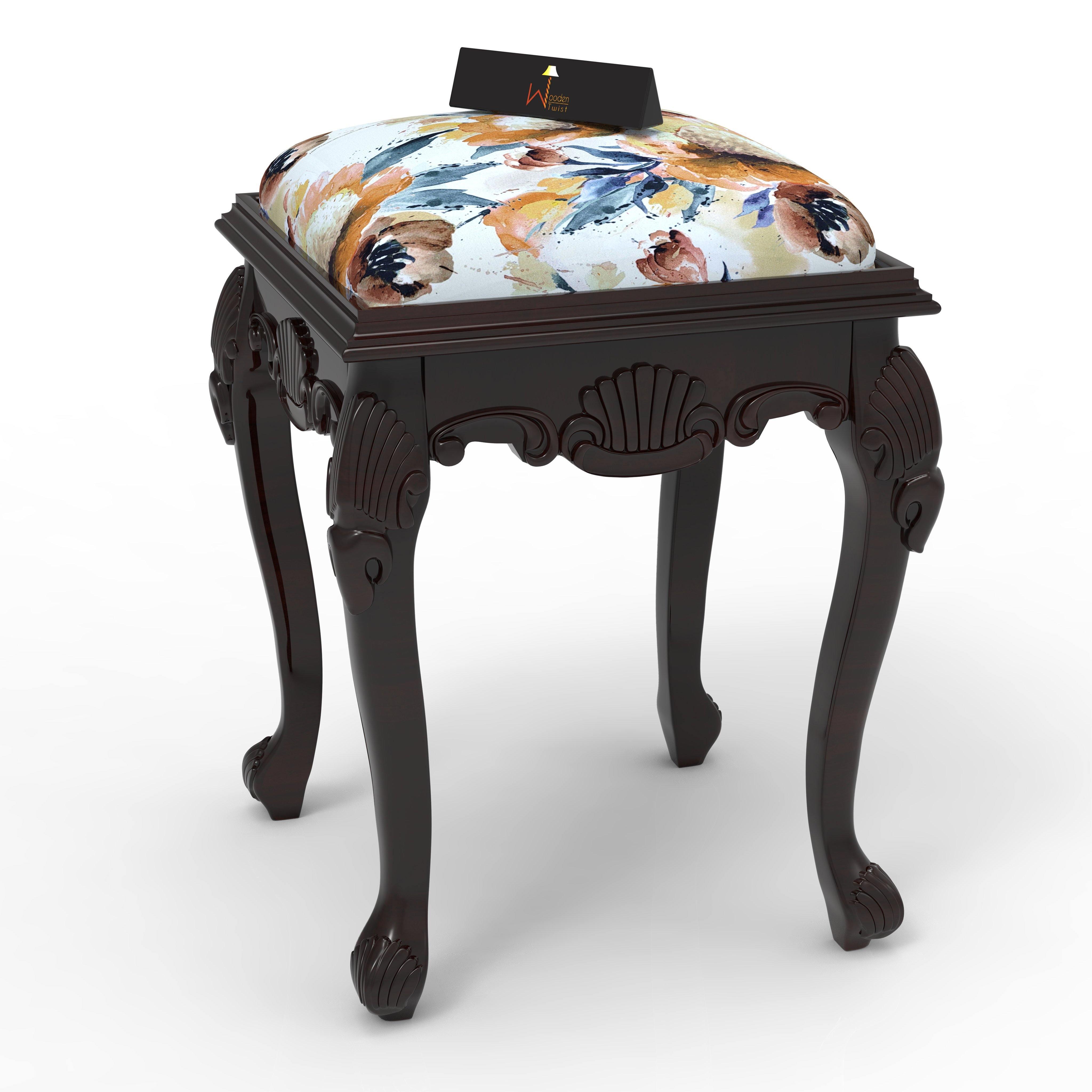 Graceful Hand Carved Teak Wood Stool in Premium Fabric - WoodenTwist