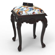 Graceful Hand Carved Teak Wood Stool in Premium Fabric - WoodenTwist