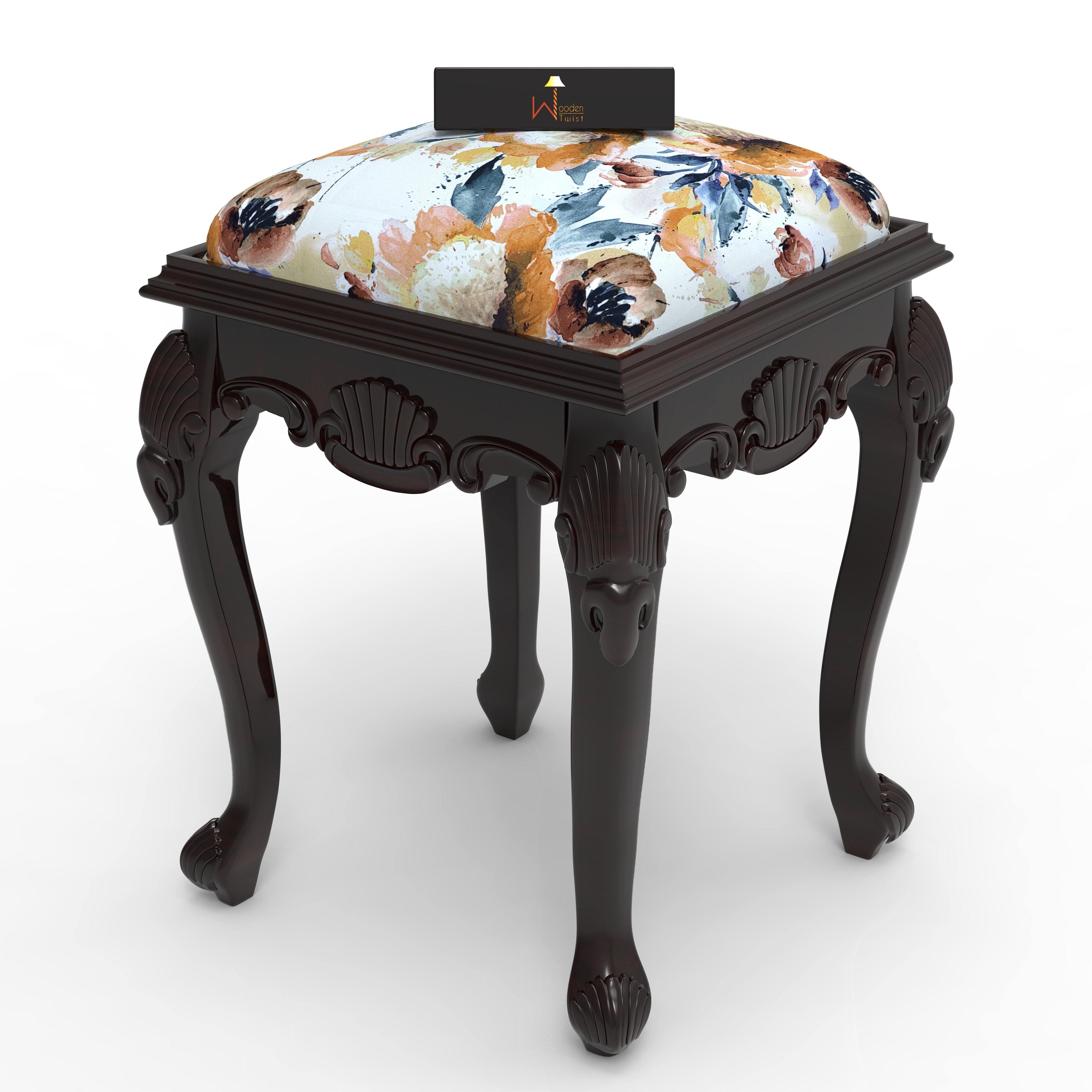 Graceful Hand Carved Teak Wood Stool in Premium Fabric - WoodenTwist