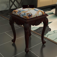 Graceful Hand Carved Teak Wood Stool in Premium Fabric - WoodenTwist