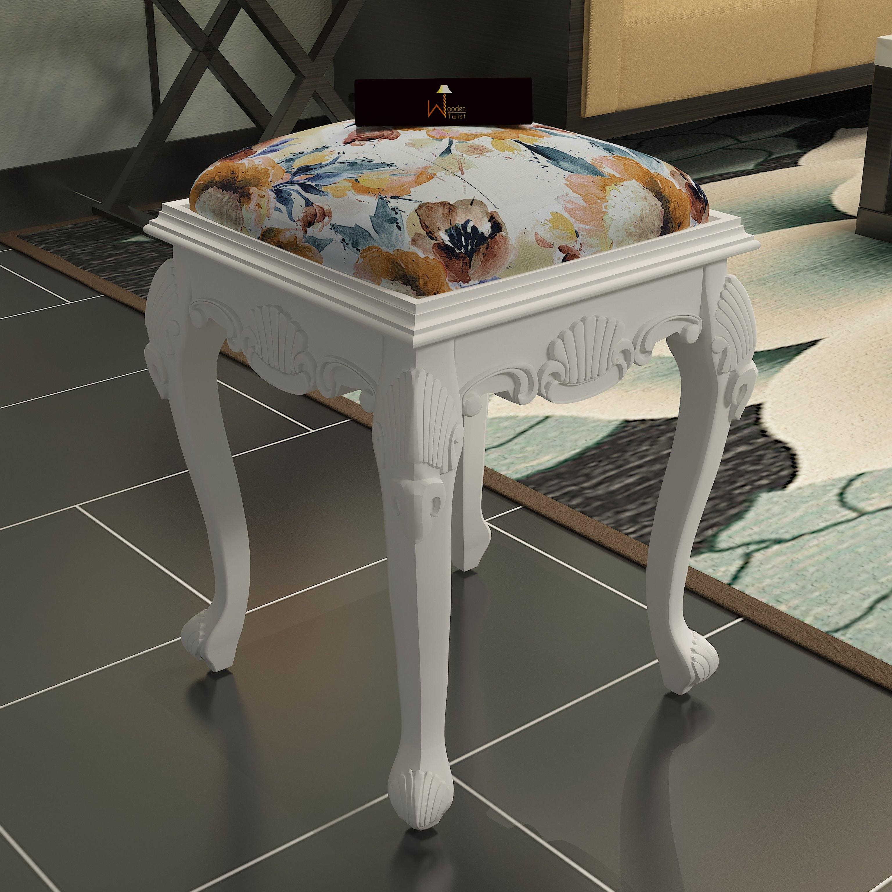 Graceful Hand Carved Teak Wood Stool in Premium Fabric - WoodenTwist