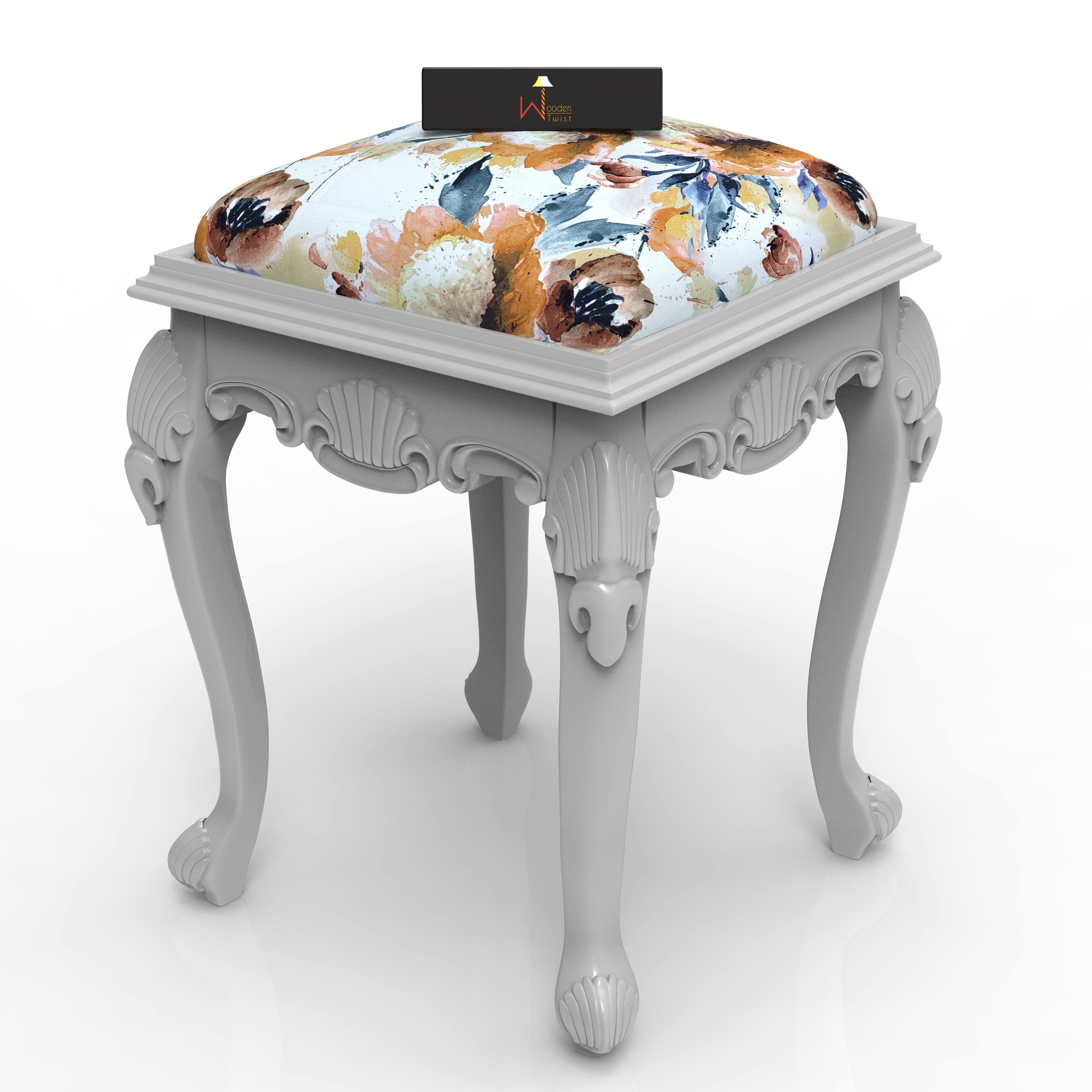 Graceful Hand Carved Teak Wood Stool in Premium Fabric - WoodenTwist