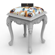 Graceful Hand Carved Teak Wood Stool in Premium Fabric - WoodenTwist