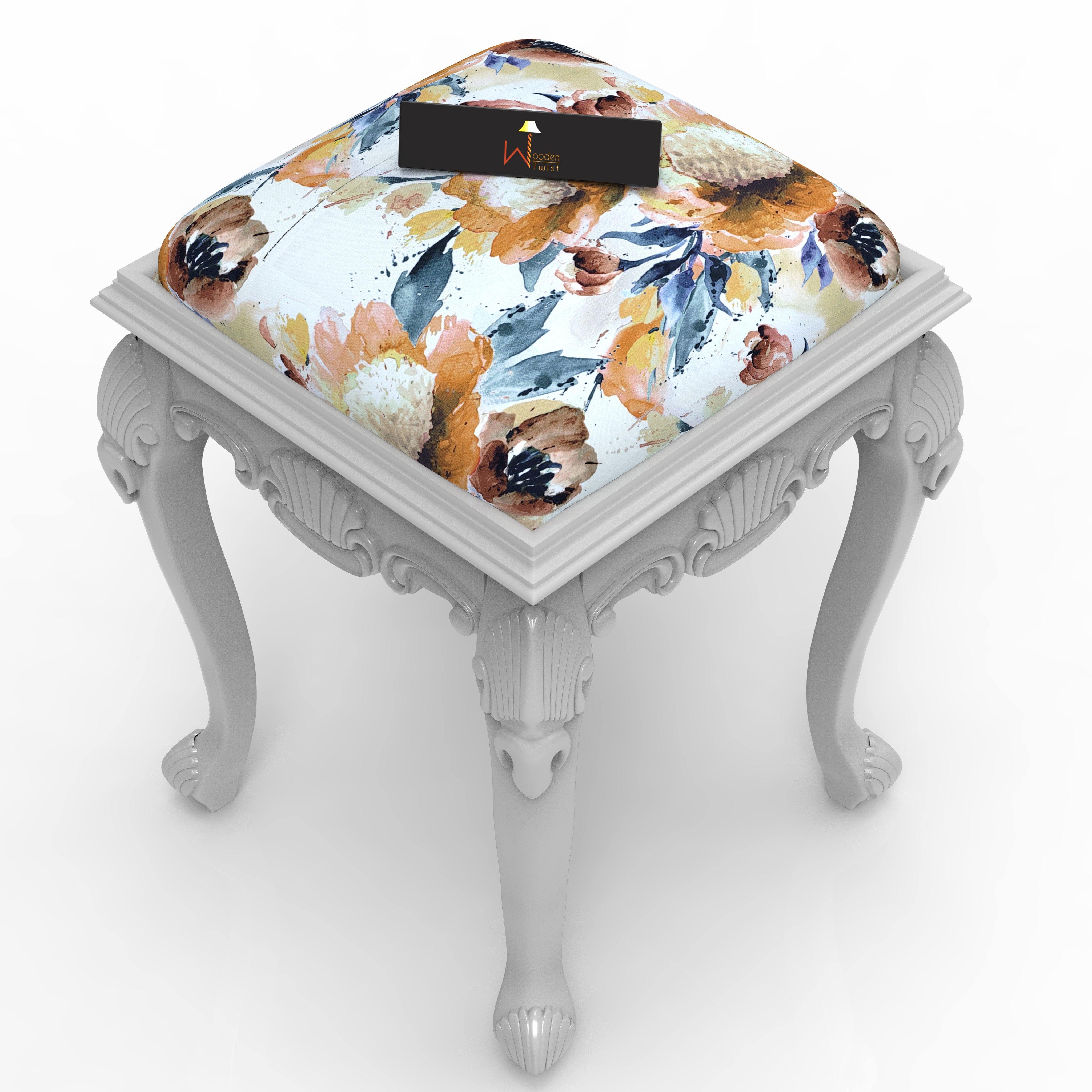 Graceful Hand Carved Teak Wood Stool in Premium Fabric - WoodenTwist