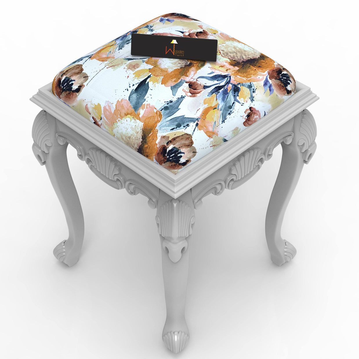 Graceful Hand Carved Teak Wood Stool in Premium Fabric - WoodenTwist