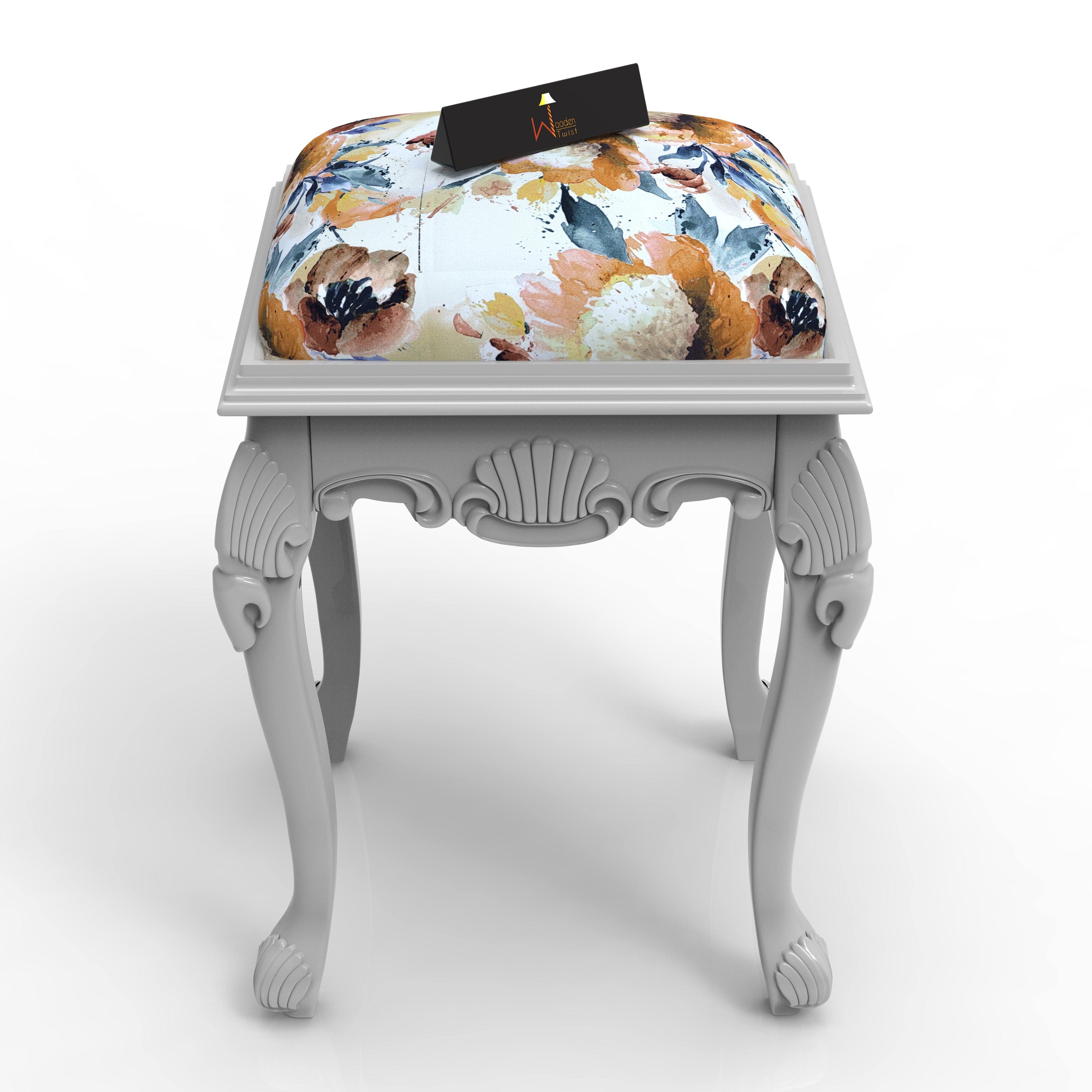 Graceful Hand Carved Teak Wood Stool in Premium Fabric - WoodenTwist