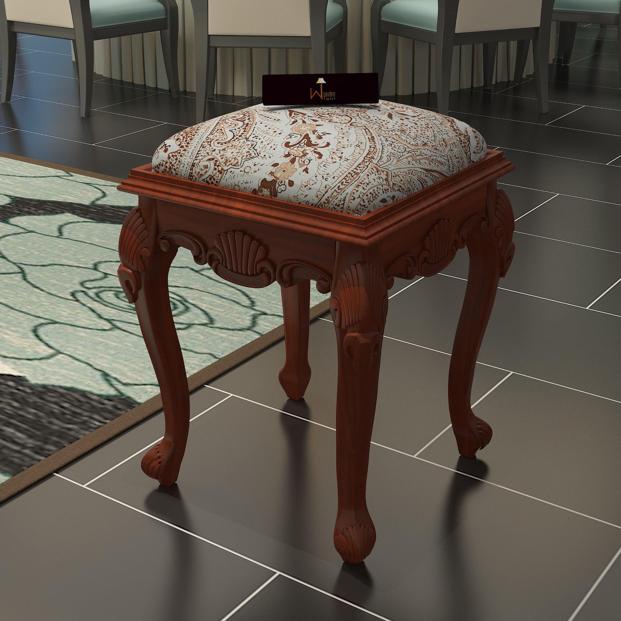 Elegant Hand Carved Teak Wood Stool in Premium Fabric - WoodenTwist