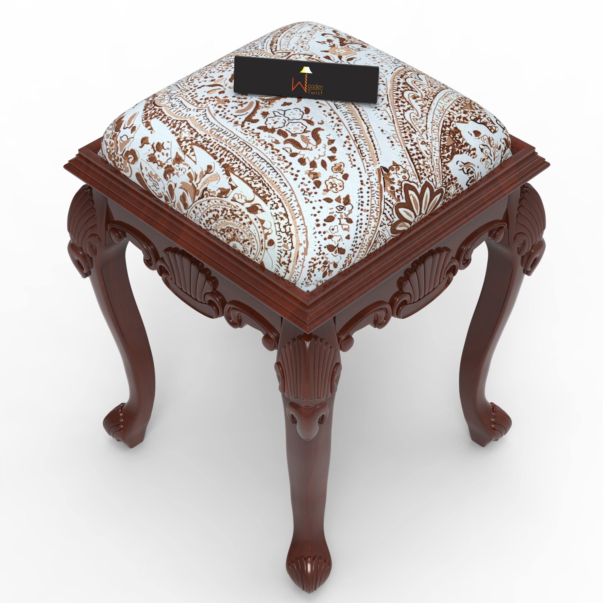 Elegant Hand Carved Teak Wood Stool in Premium Fabric - WoodenTwist