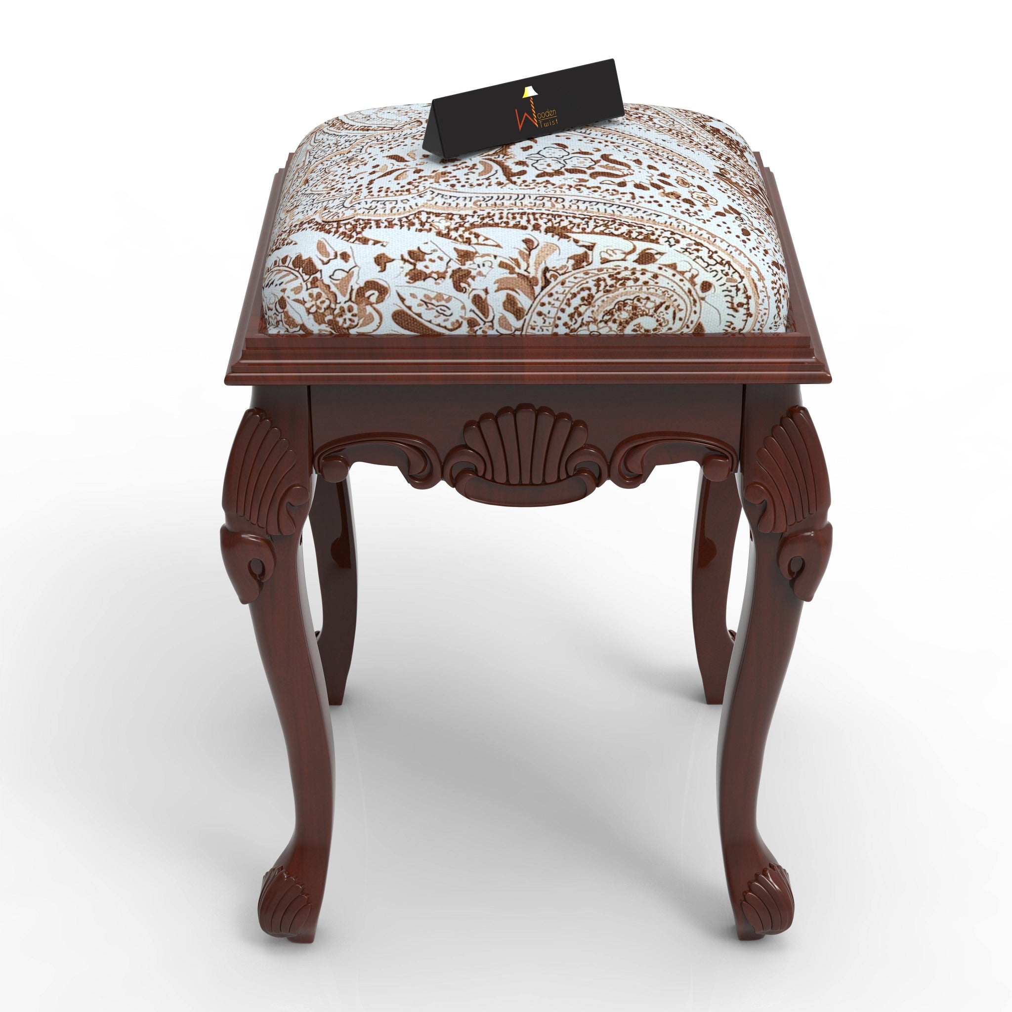 Elegant Hand Carved Teak Wood Stool in Premium Fabric - WoodenTwist