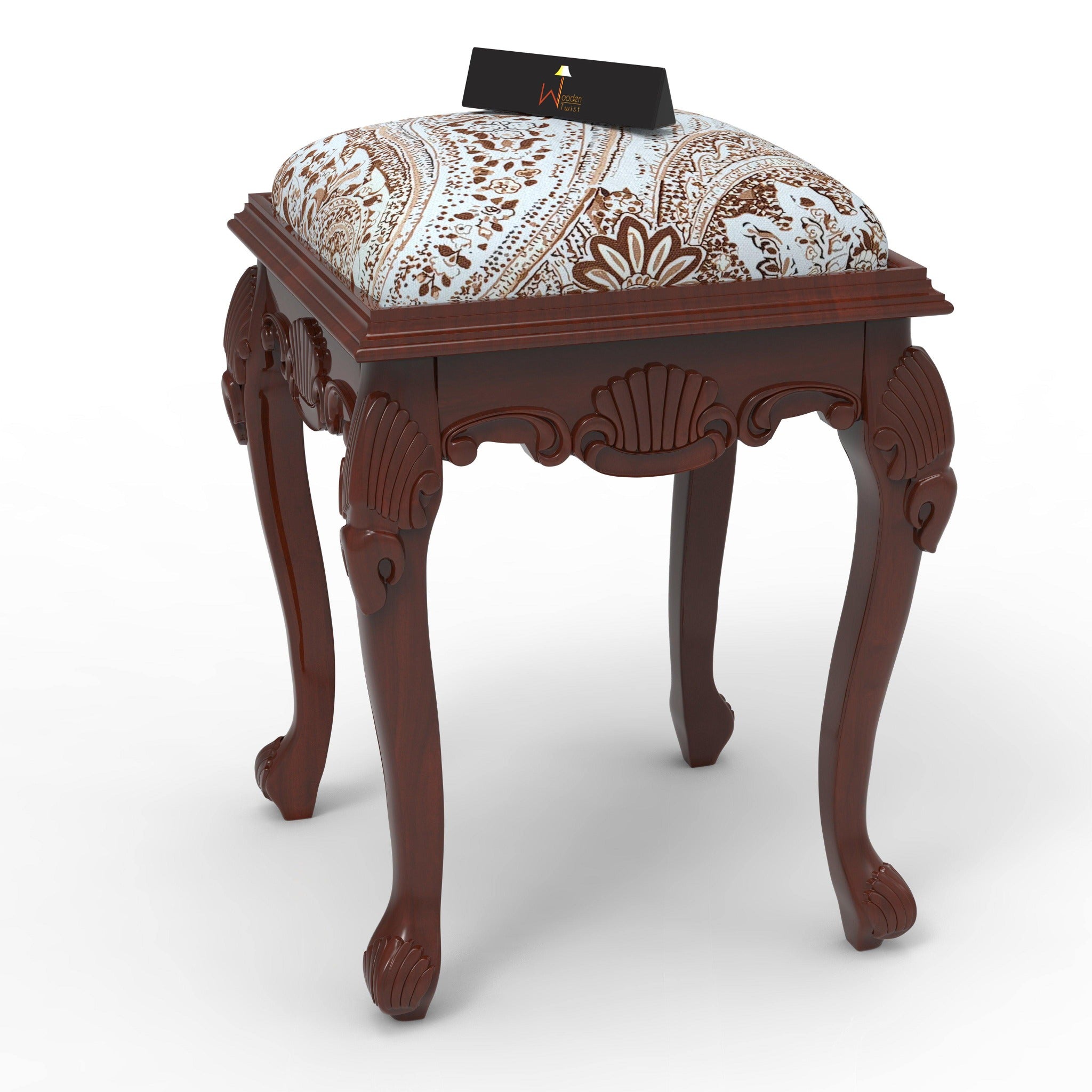 Elegant Hand Carved Teak Wood Stool in Premium Fabric - WoodenTwist