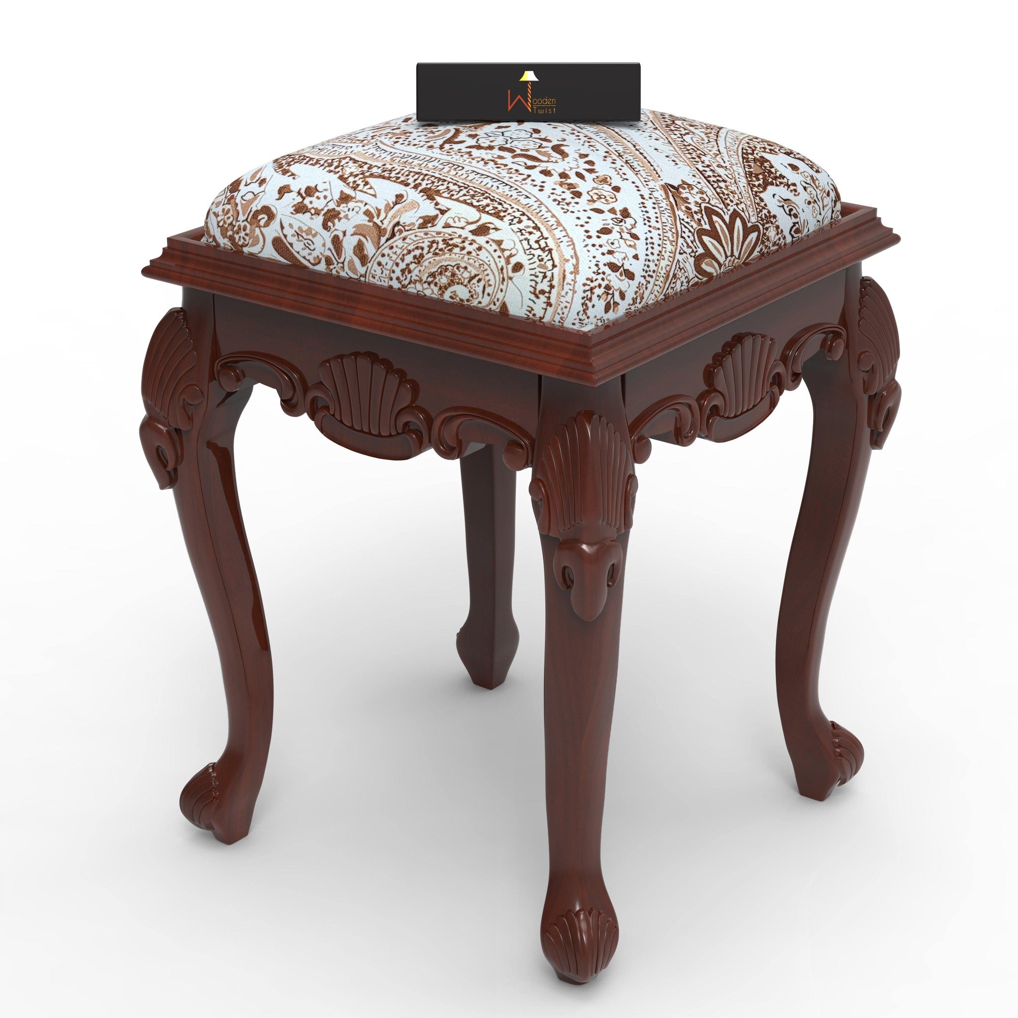 Elegant Hand Carved Teak Wood Stool in Premium Fabric - WoodenTwist