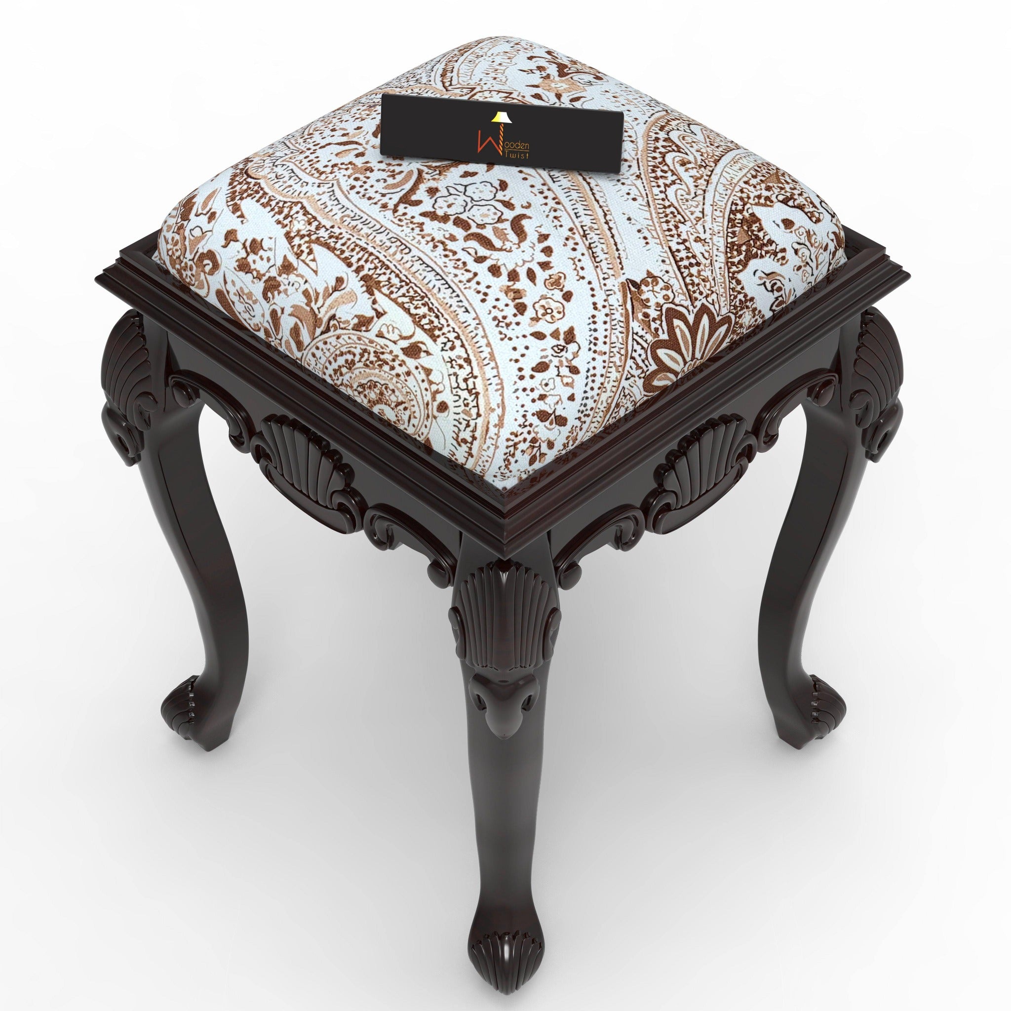 Elegant Hand Carved Teak Wood Stool in Premium Fabric - WoodenTwist