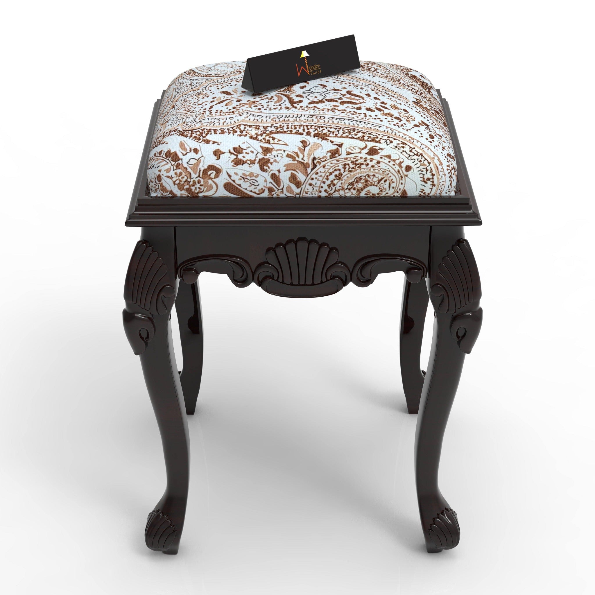 Elegant Hand Carved Teak Wood Stool in Premium Fabric - WoodenTwist