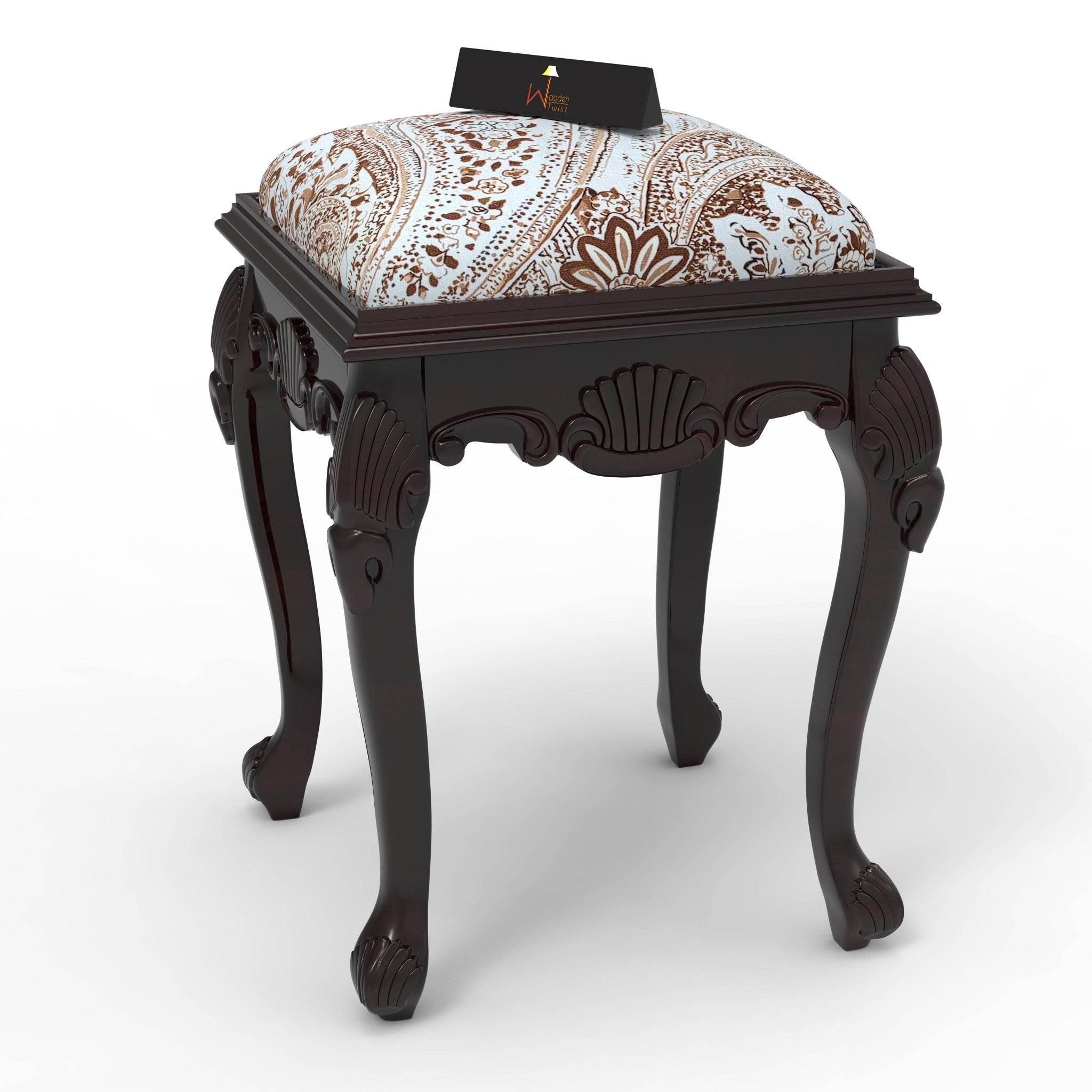 Elegant Hand Carved Teak Wood Stool in Premium Fabric - WoodenTwist