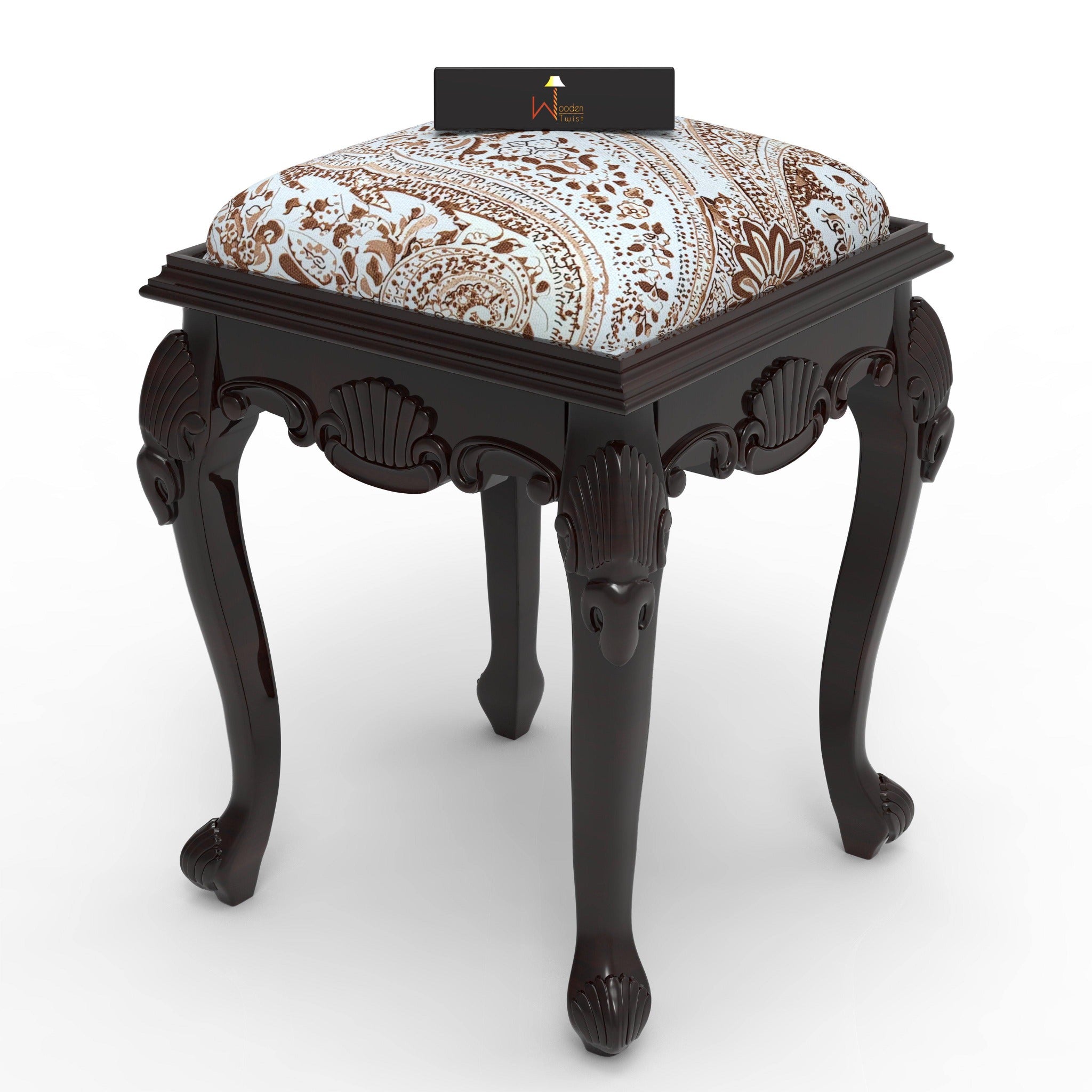 Elegant Hand Carved Teak Wood Stool in Premium Fabric - WoodenTwist