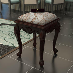 Elegant Hand Carved Teak Wood Stool in Premium Fabric - WoodenTwist