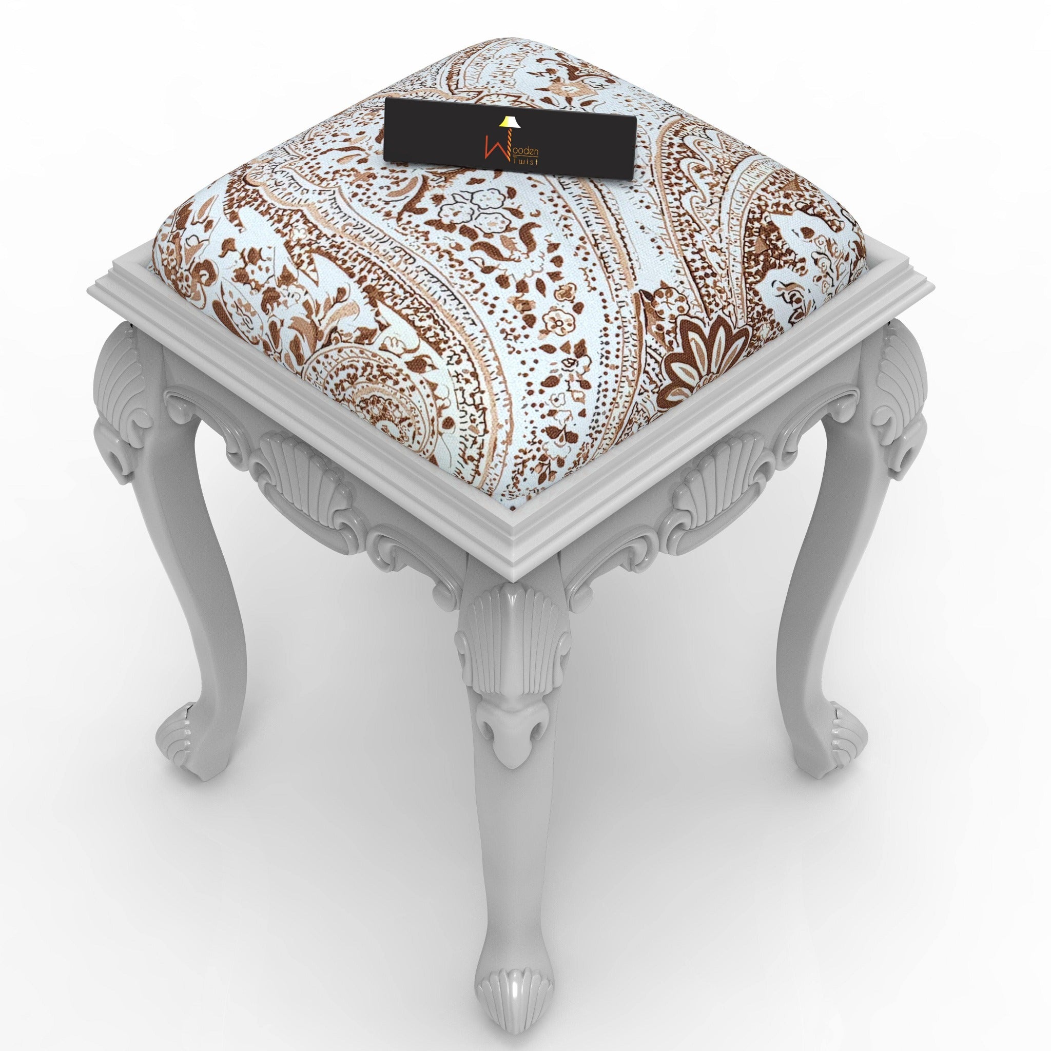 Elegant Hand Carved Teak Wood Stool in Premium Fabric - WoodenTwist