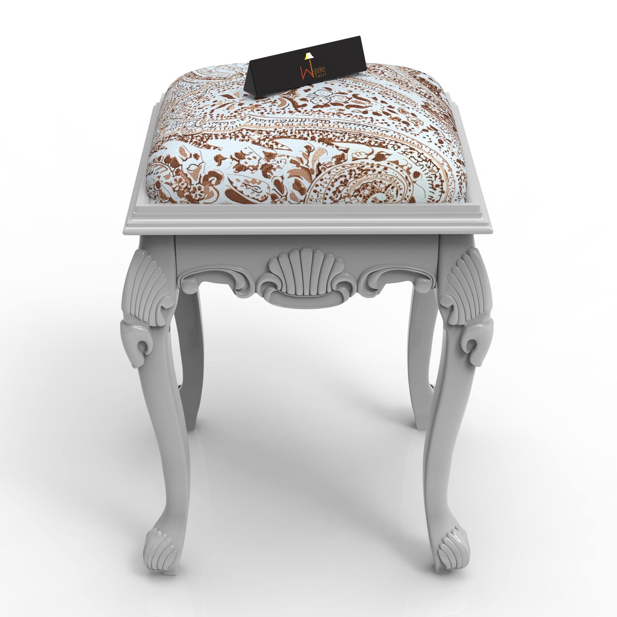 Elegant Hand Carved Teak Wood Stool in Premium Fabric - WoodenTwist