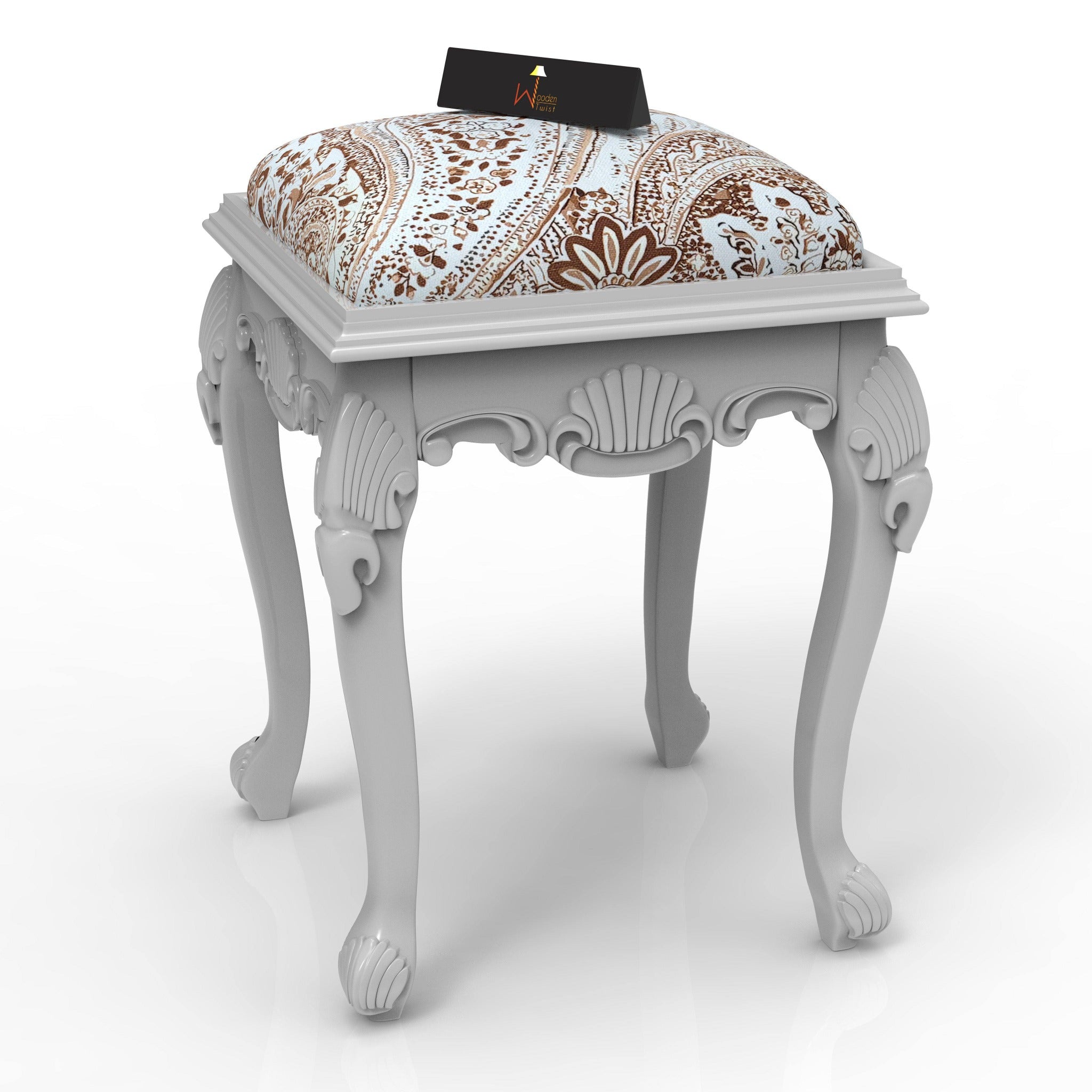 Elegant Hand Carved Teak Wood Stool in Premium Fabric - WoodenTwist