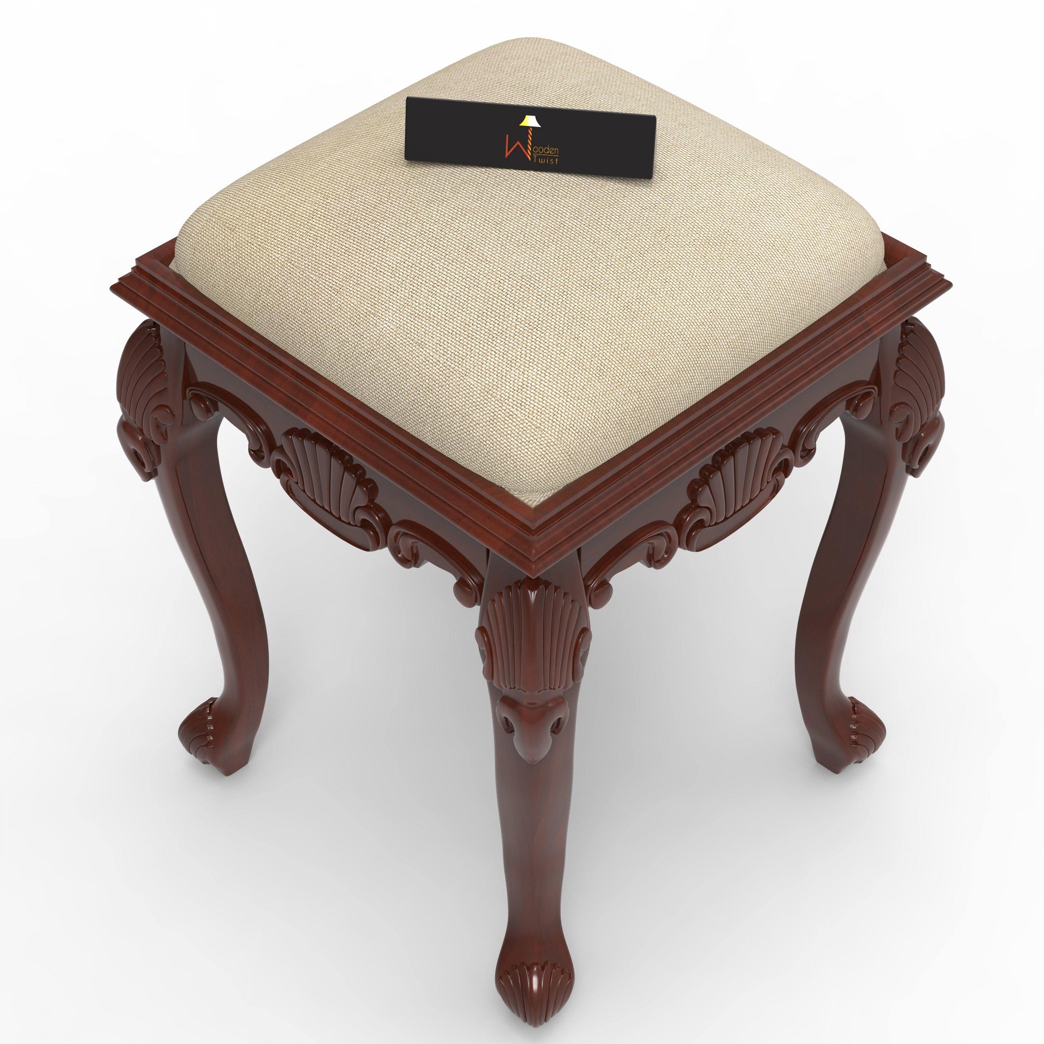 Lush Hand Carved Teak Wood Stool in Premium Fabric - WoodenTwist