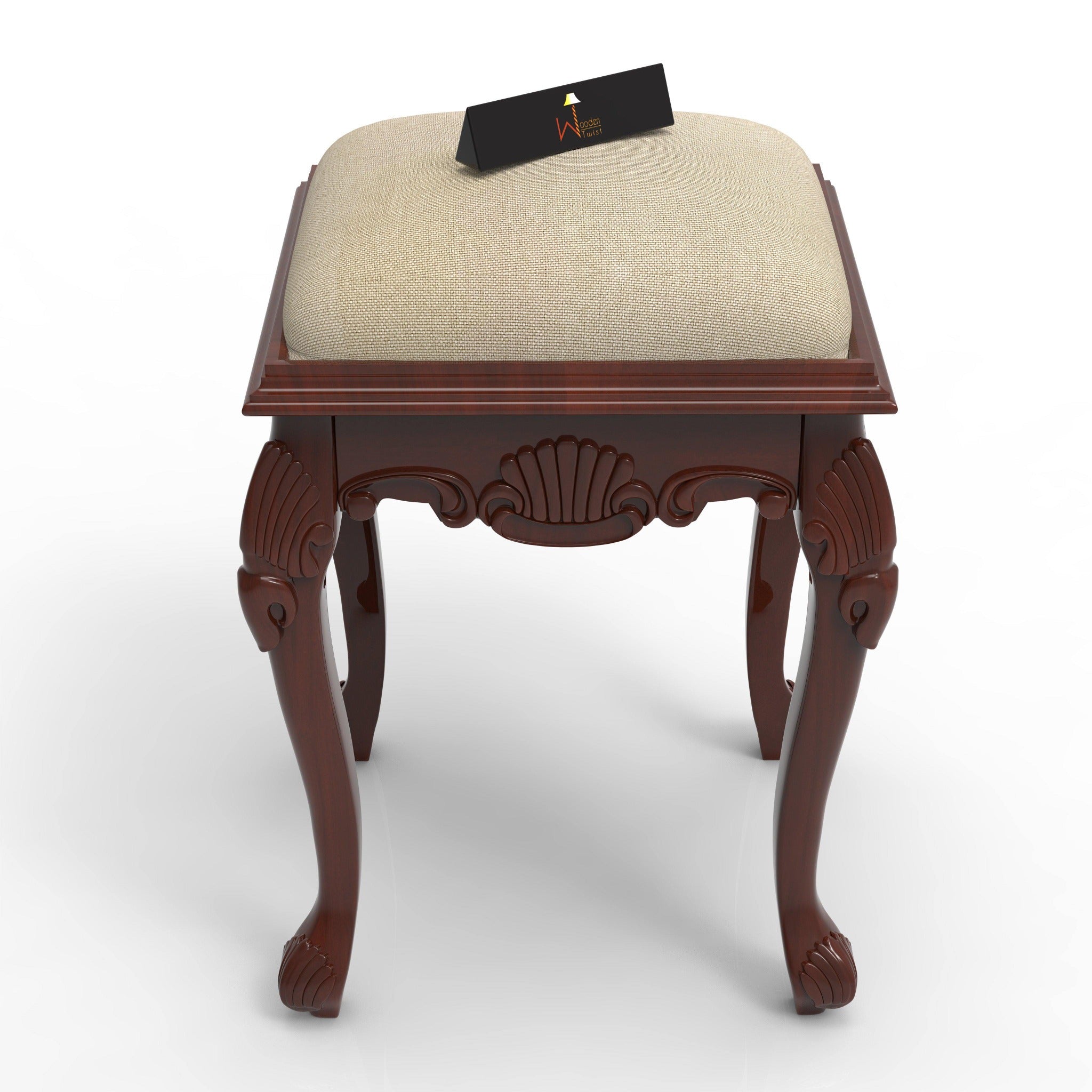 Lush Hand Carved Teak Wood Stool in Premium Fabric - WoodenTwist