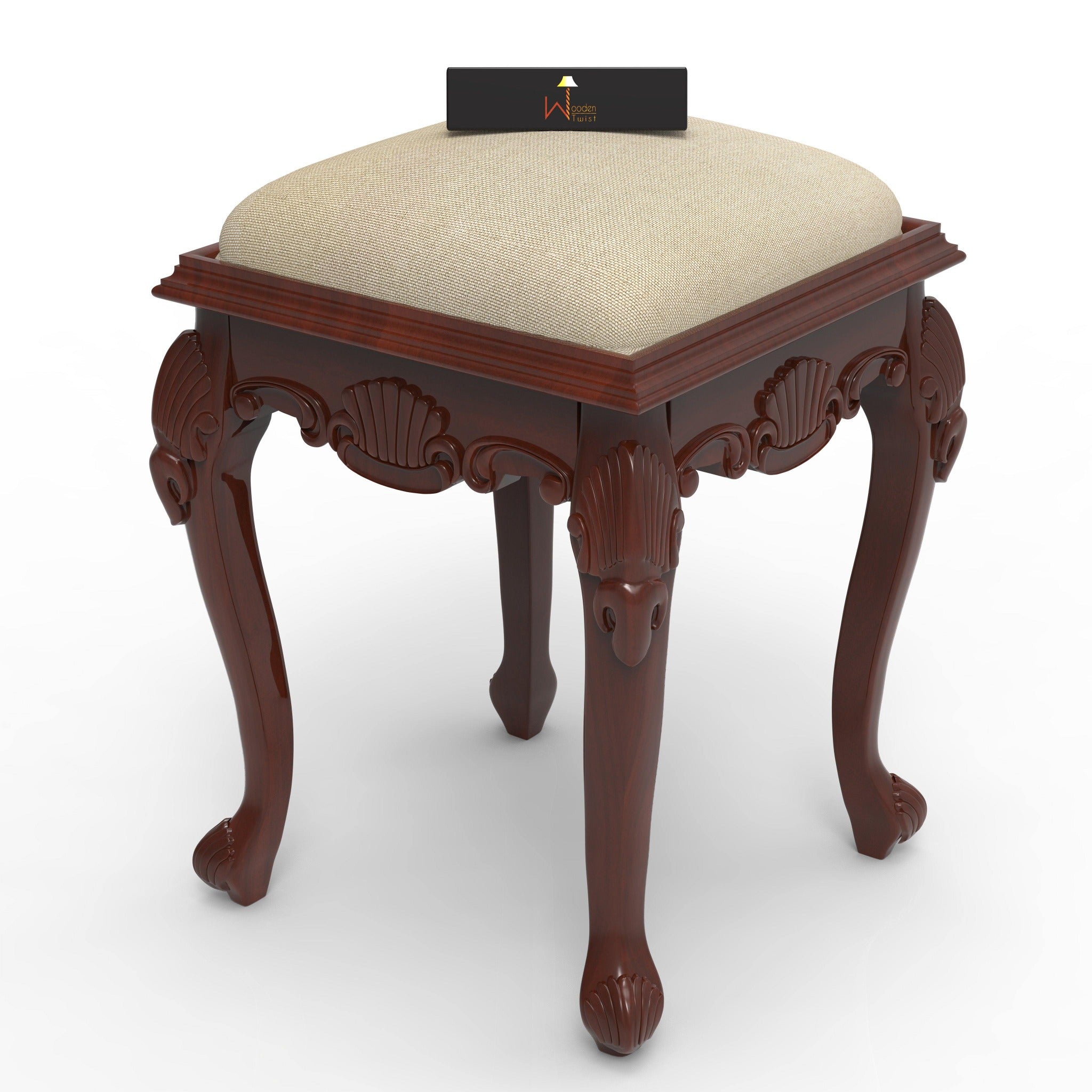 Lush Hand Carved Teak Wood Stool in Premium Fabric - WoodenTwist