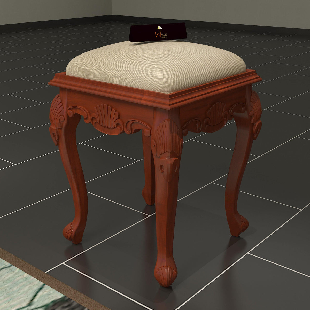 Lush Hand Carved Teak Wood Stool in Premium Fabric - WoodenTwist