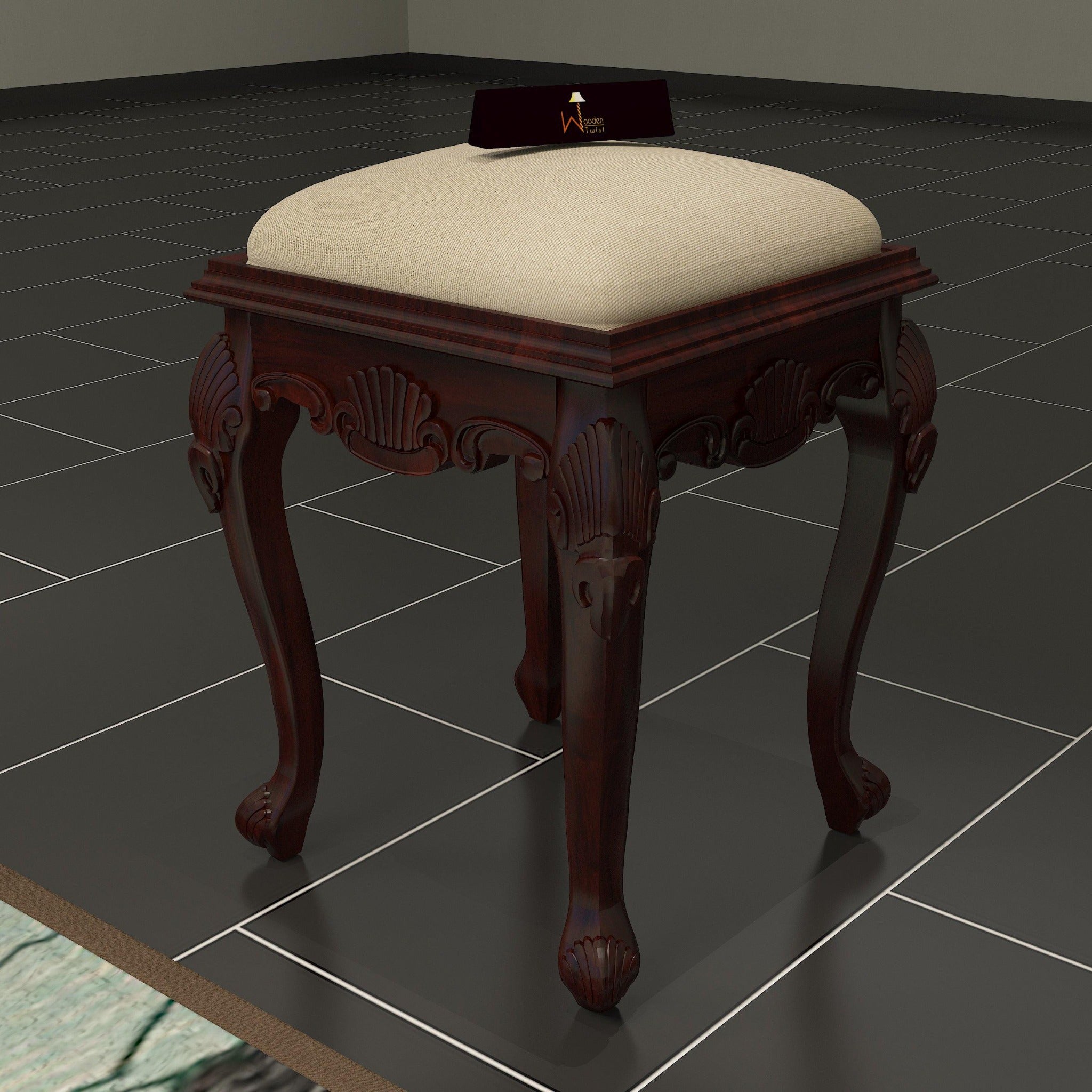 Lush Hand Carved Teak Wood Stool in Premium Fabric - WoodenTwist