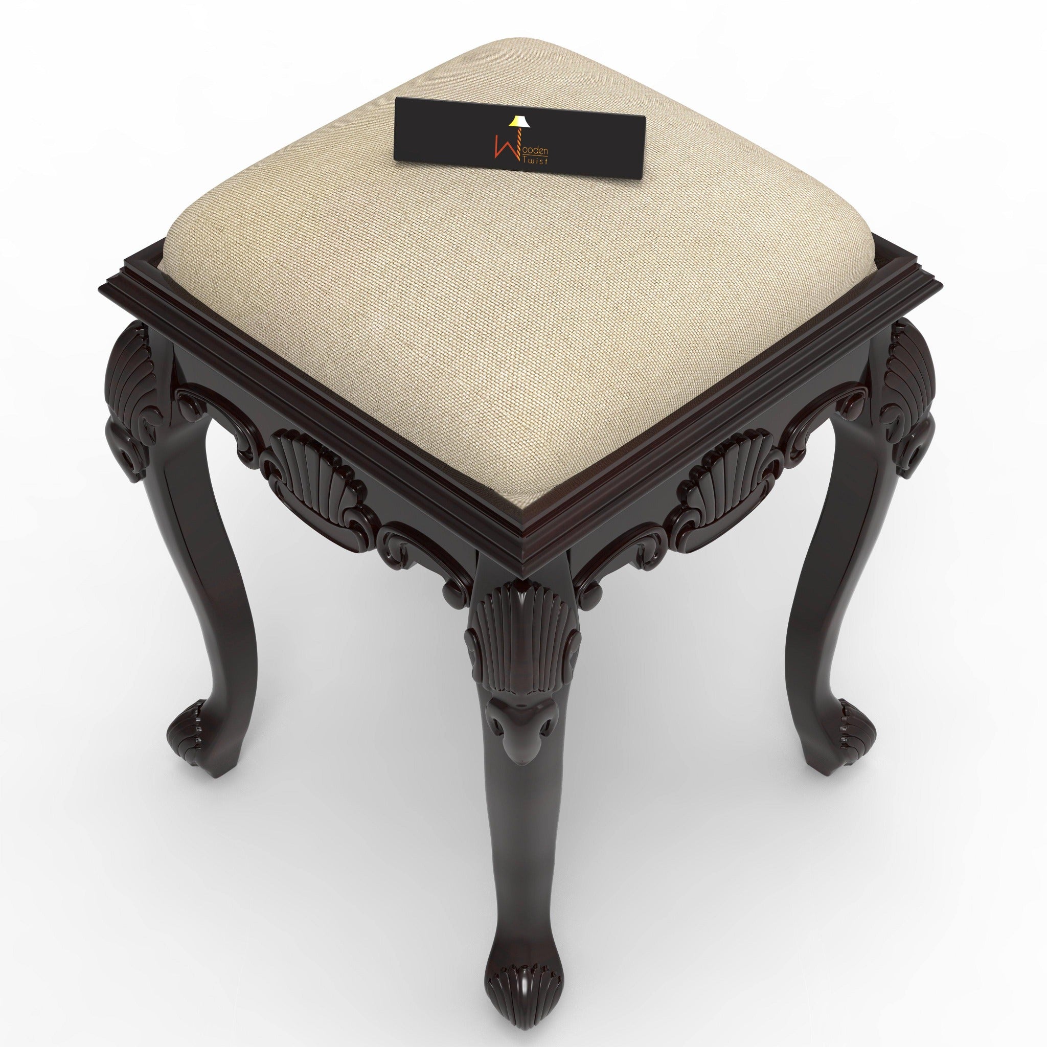 Lush Hand Carved Teak Wood Stool in Premium Fabric - WoodenTwist