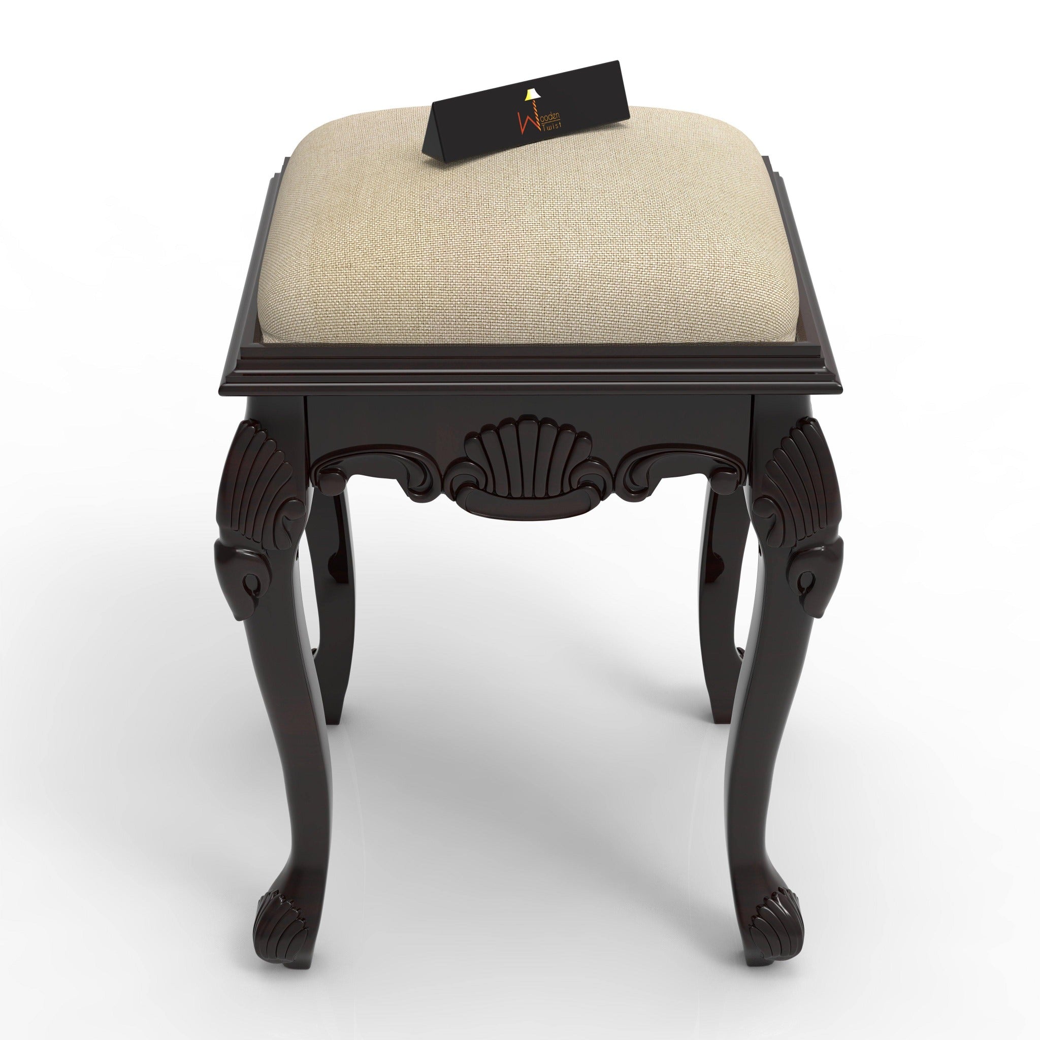 Lush Hand Carved Teak Wood Stool in Premium Fabric - WoodenTwist