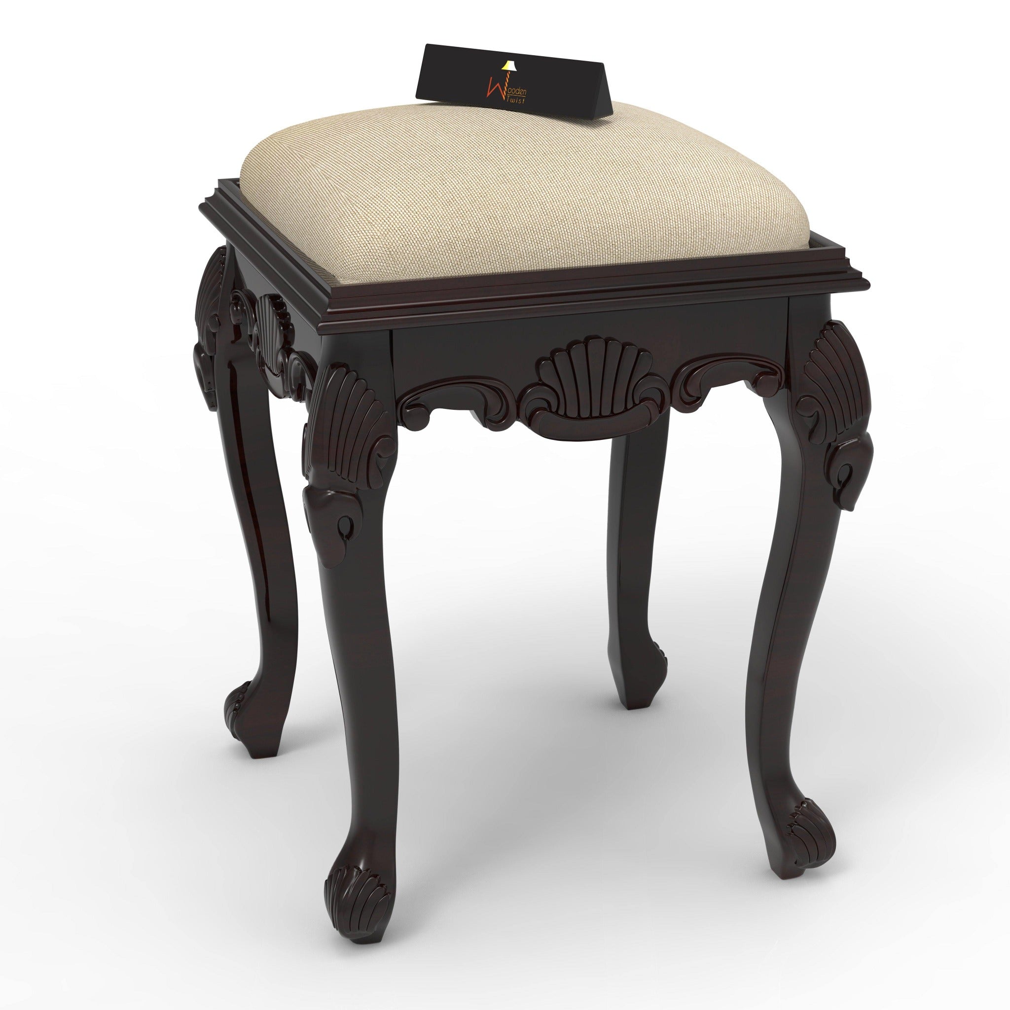 Lush Hand Carved Teak Wood Stool in Premium Fabric - WoodenTwist