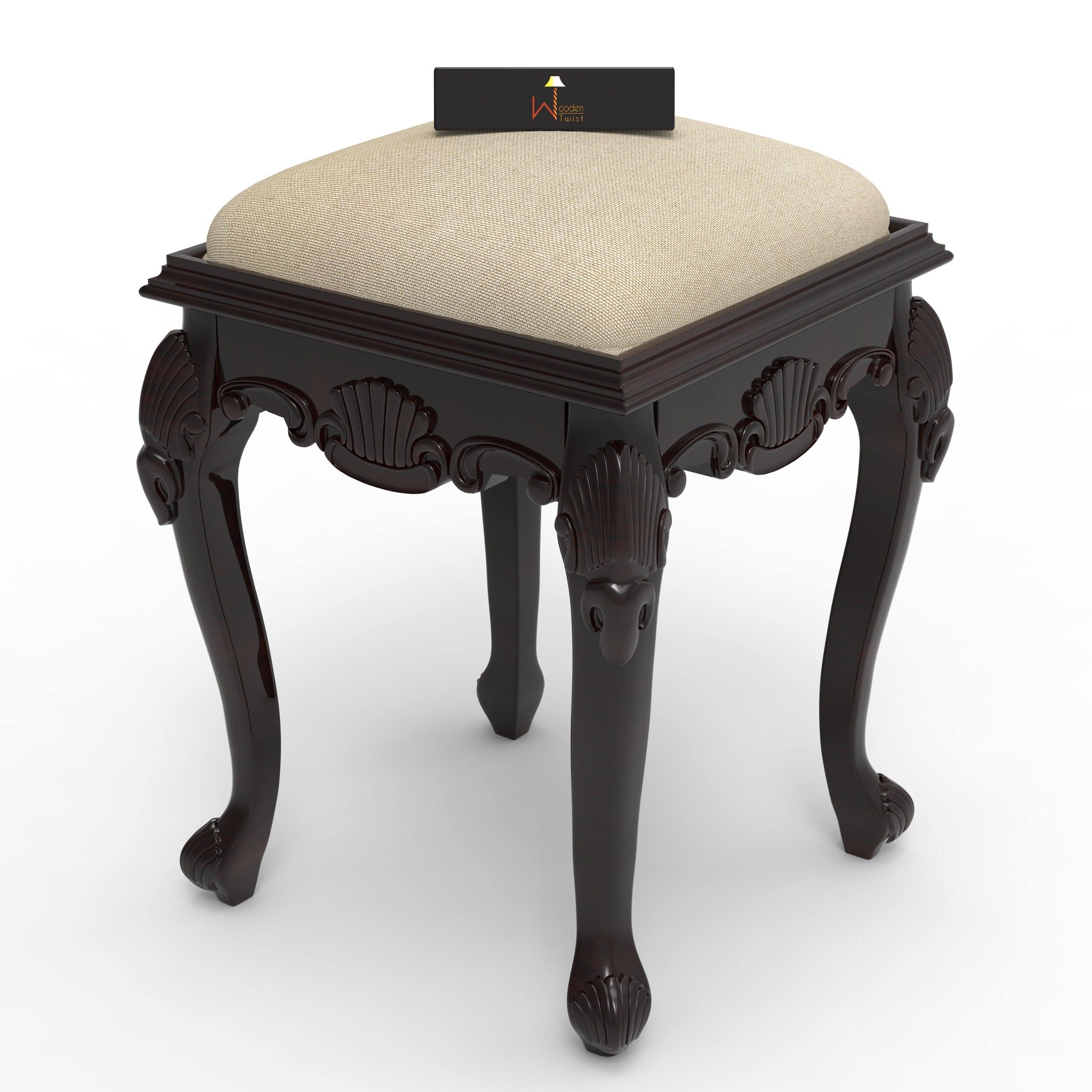 Lush Hand Carved Teak Wood Stool in Premium Fabric - WoodenTwist