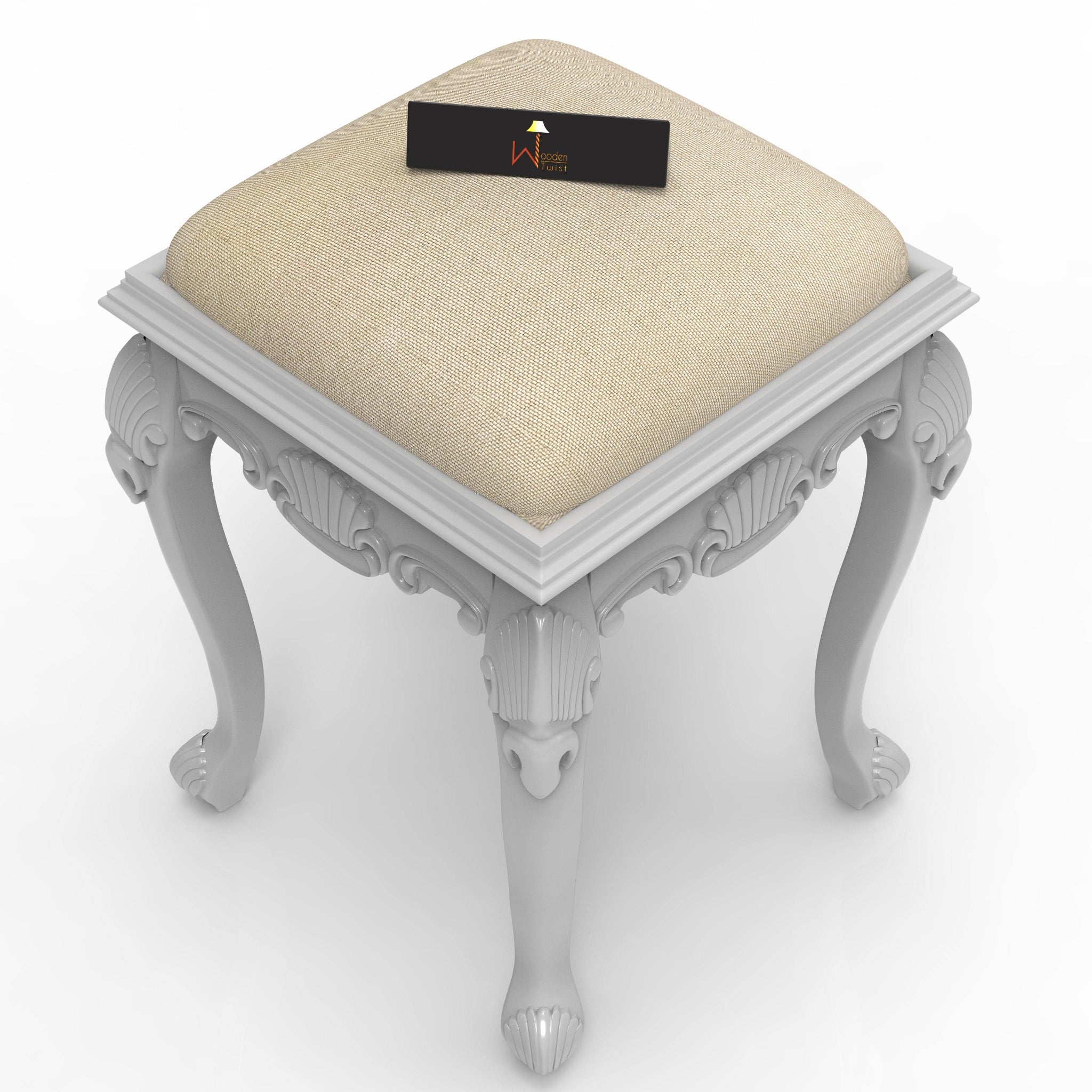 Lush Hand Carved Teak Wood Stool in Premium Fabric - WoodenTwist