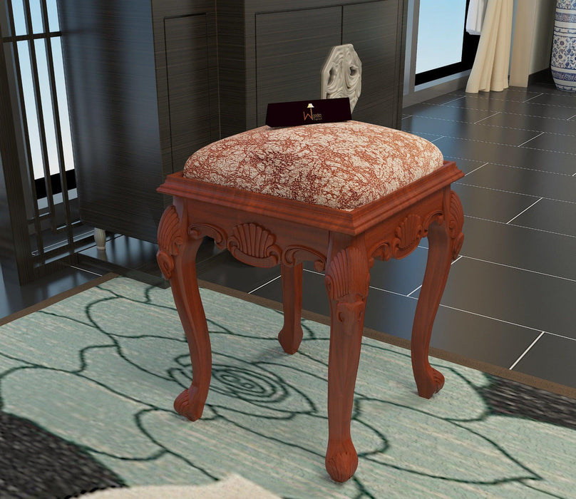Classy Hand Carved Teak Wood Stool in Premium Fabric - WoodenTwist