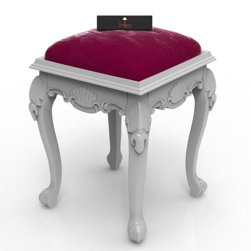 Hand Carved Teak Wood Premium Stool in Velvet Maroon - WoodenTwist
