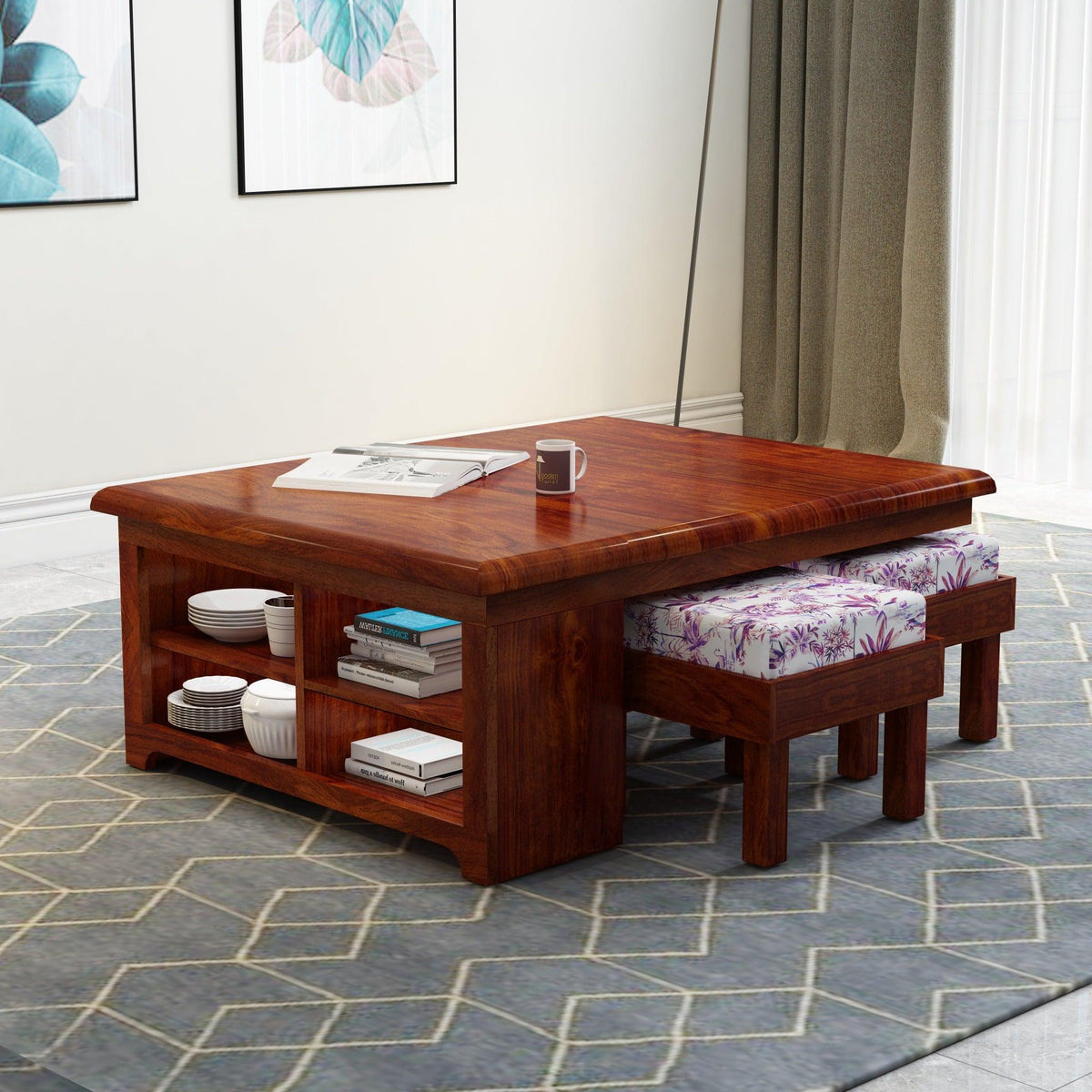 Esto Teak Wood Coffee Table Set With Side Storage - WoodenTwist