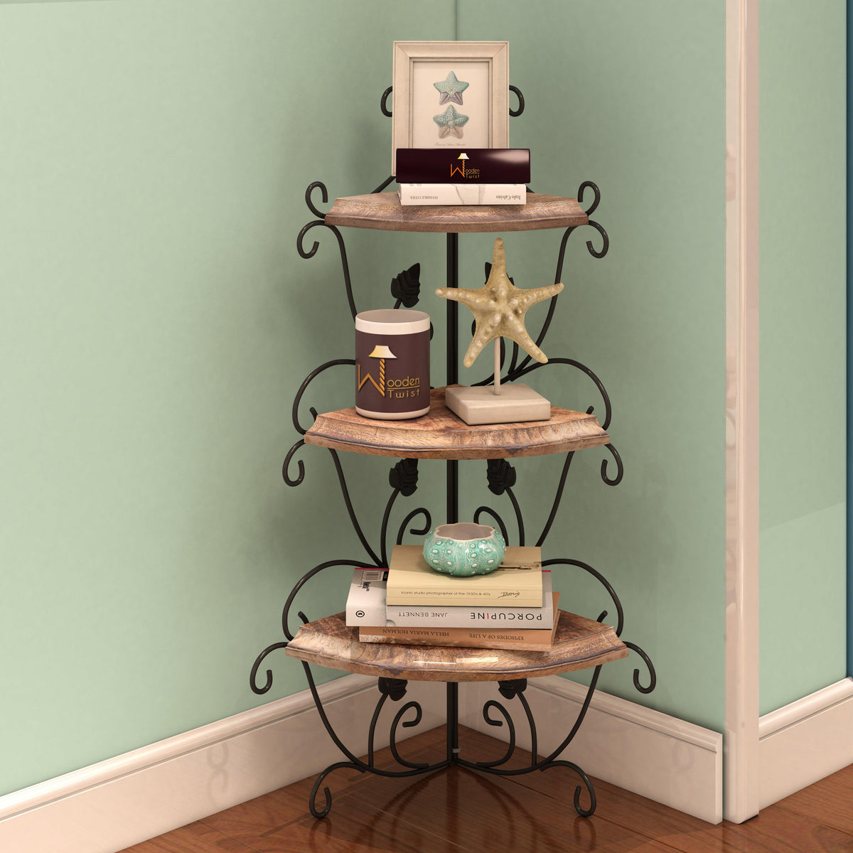 Wooden & Iron Corner Rack Home Decor Corner Shelves - WoodenTwist