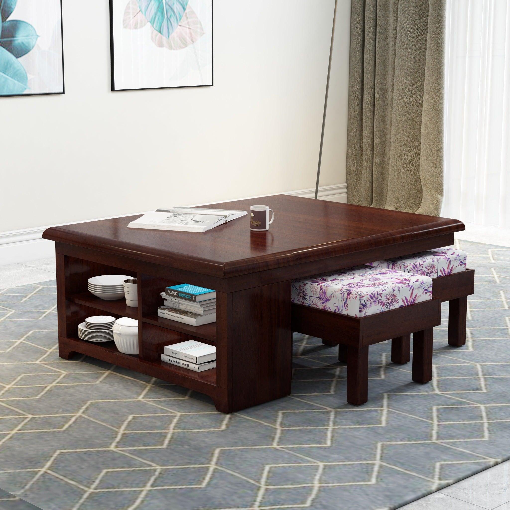 Esto Teak Wood Coffee Table Set With Side Storage - WoodenTwist