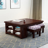 Esto Teak Wood Coffee Table Set With Side Storage - WoodenTwist