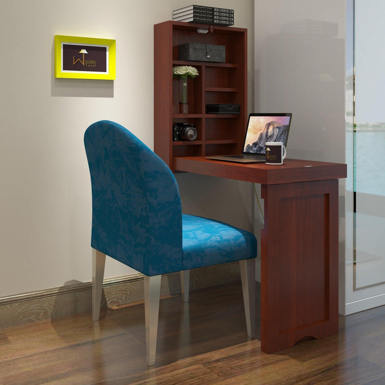 Teak Wood Foldable Wall Mounted Study Table (Finish Honey) - Open