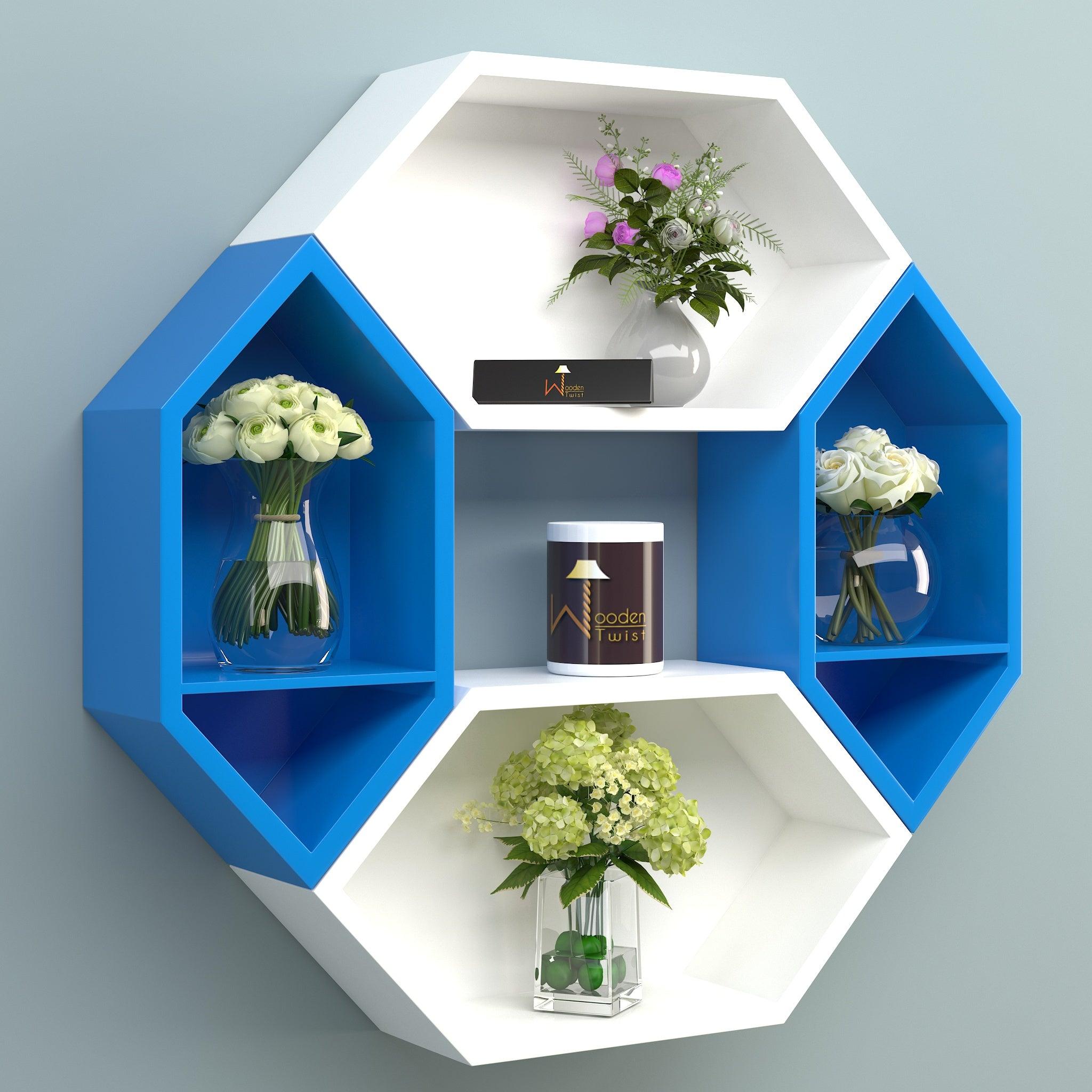 Wooden Pared Hexagon Floating Wall Shelf with 4 Shelves - WoodenTwist