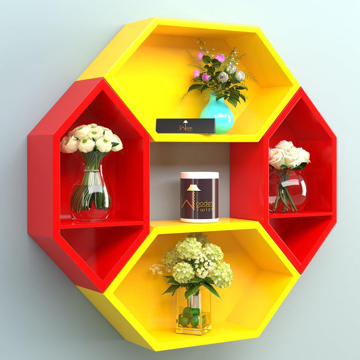 Wooden Pared Hexagon Floating Wall Shelf with 4 Shelves - WoodenTwist