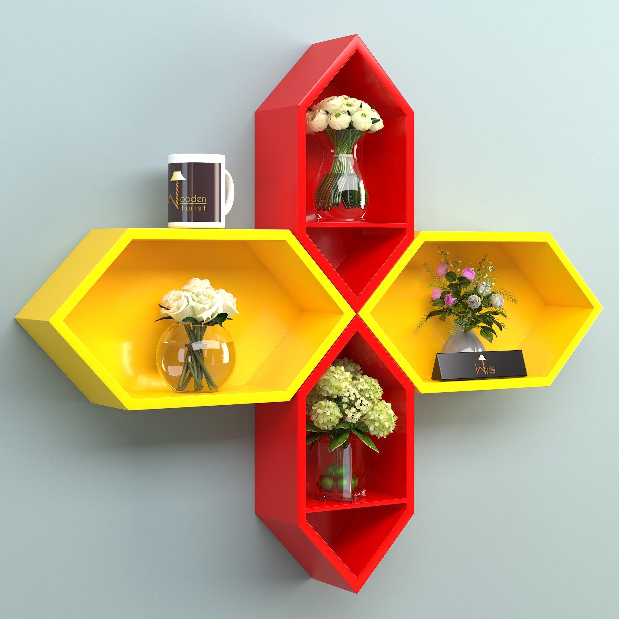 Wooden Pared Hexagon Floating Wall Shelf with 4 Shelves - WoodenTwist